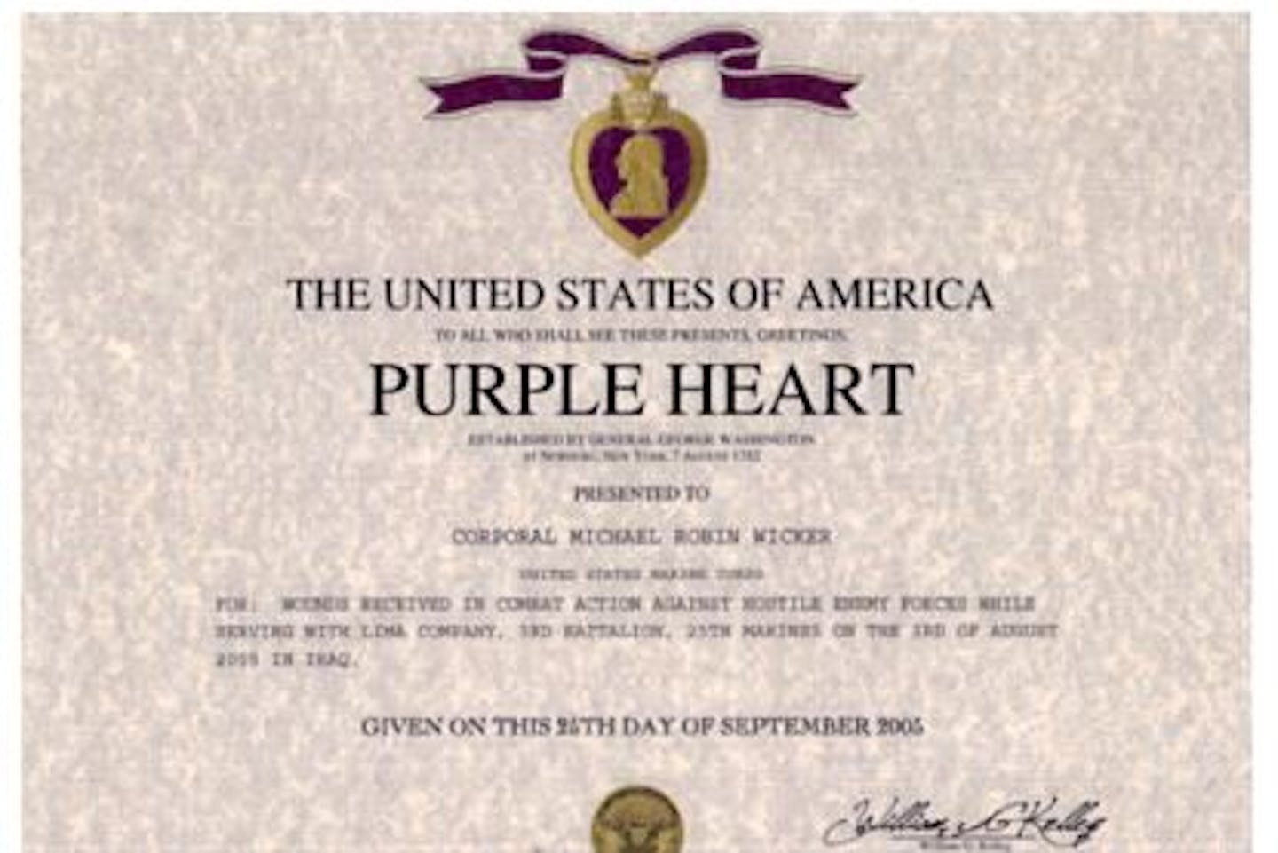 Mikhail Wicker falsified a document that contended he was awarded a Purple Heart, according to prosecutors.