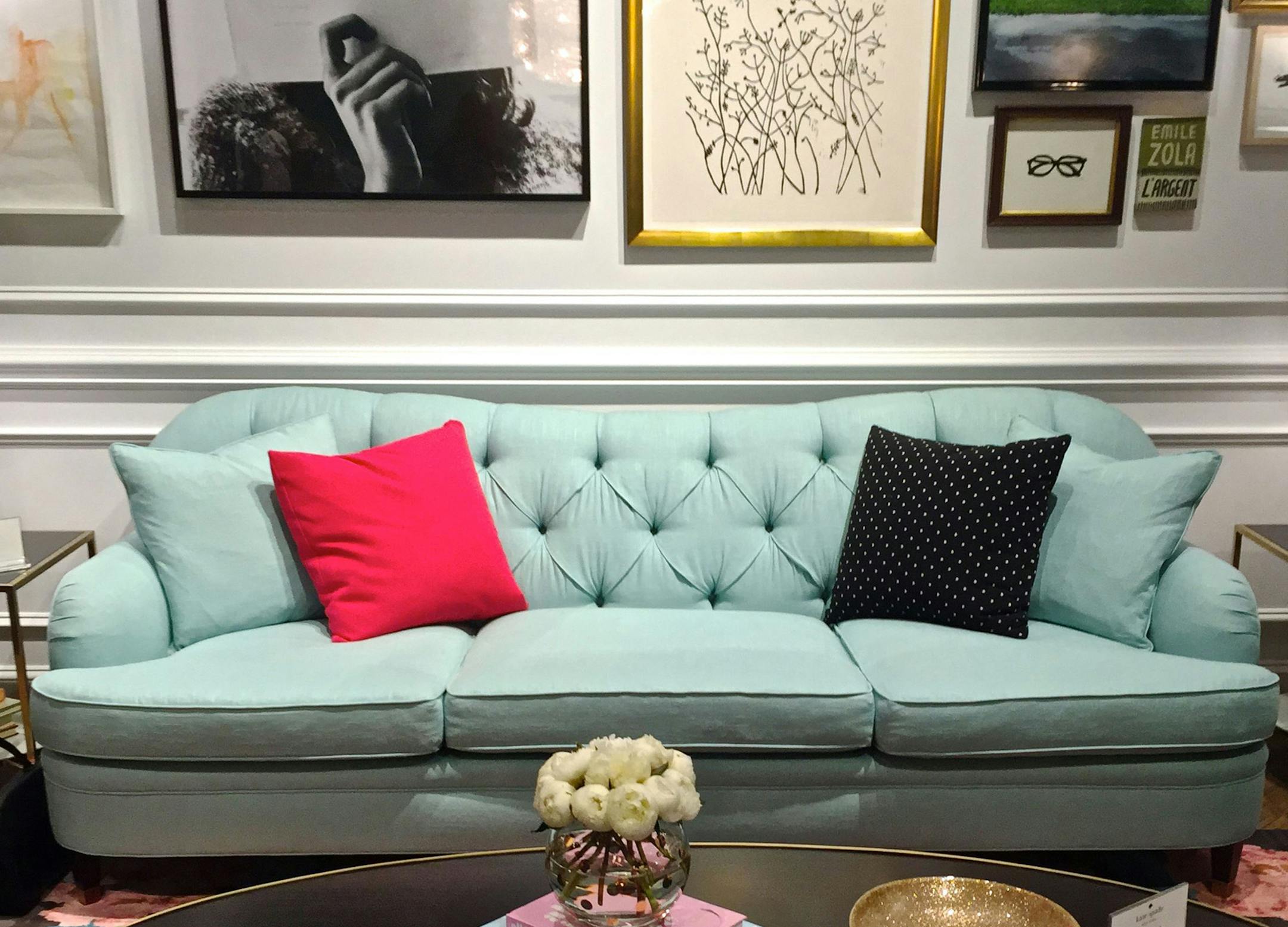 Drake tufted sofa by Kate Spade Home. (Patricia Sheridan/Pittsburgh Post-Gazette/TNS) ORG XMIT: 1176021