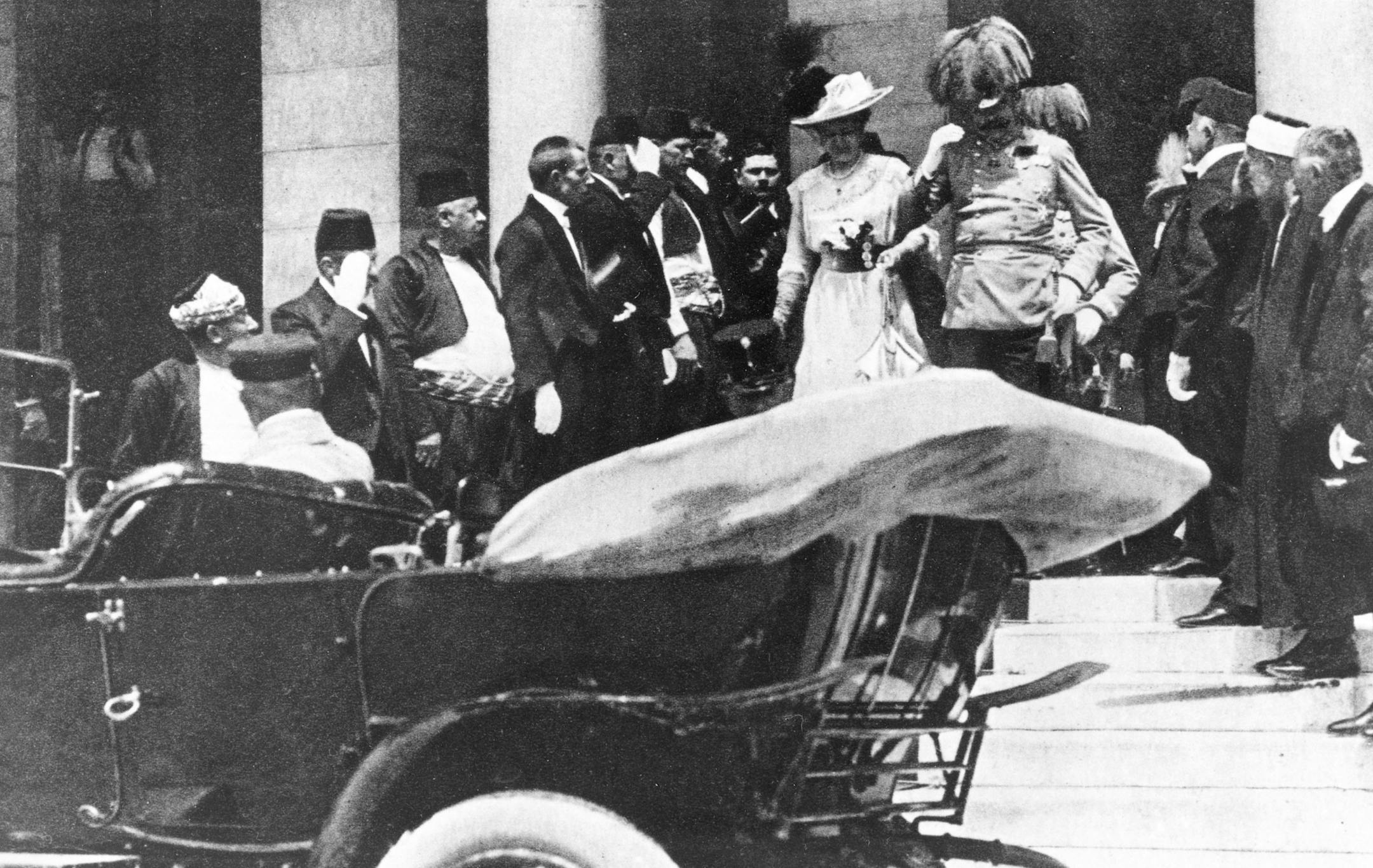 Archduke Franz Ferdinand of Austria-Hungary and his wife, Czech Countess Sophie Chotek, leave the reception at City Hall and walk toward an open car in Sarajevo, Bosnia, on June 28, 1914. A short time later the couple were assassinated by a Serb nationalist. (AP Photo) ORG XMIT: APHS177