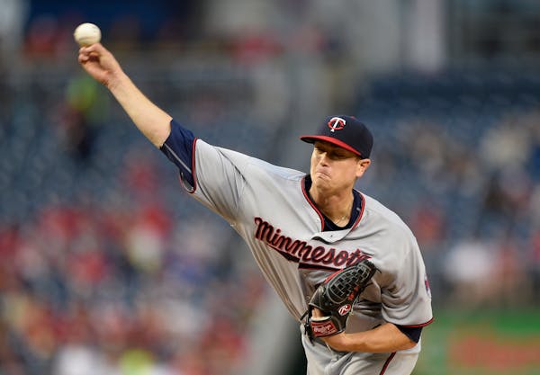 Minnesota Twins starting pitcher Kyle Gibson delivers a pitch against the Washington Nationals during the first inning of a baseball game Friday, Apri