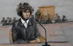FILE - In this Thursday, Dec. 18, 2014 courtroom sketch, Boston Marathon bombing suspect Dzhokhar Tsarnaev sits in federal court in Boston for a final