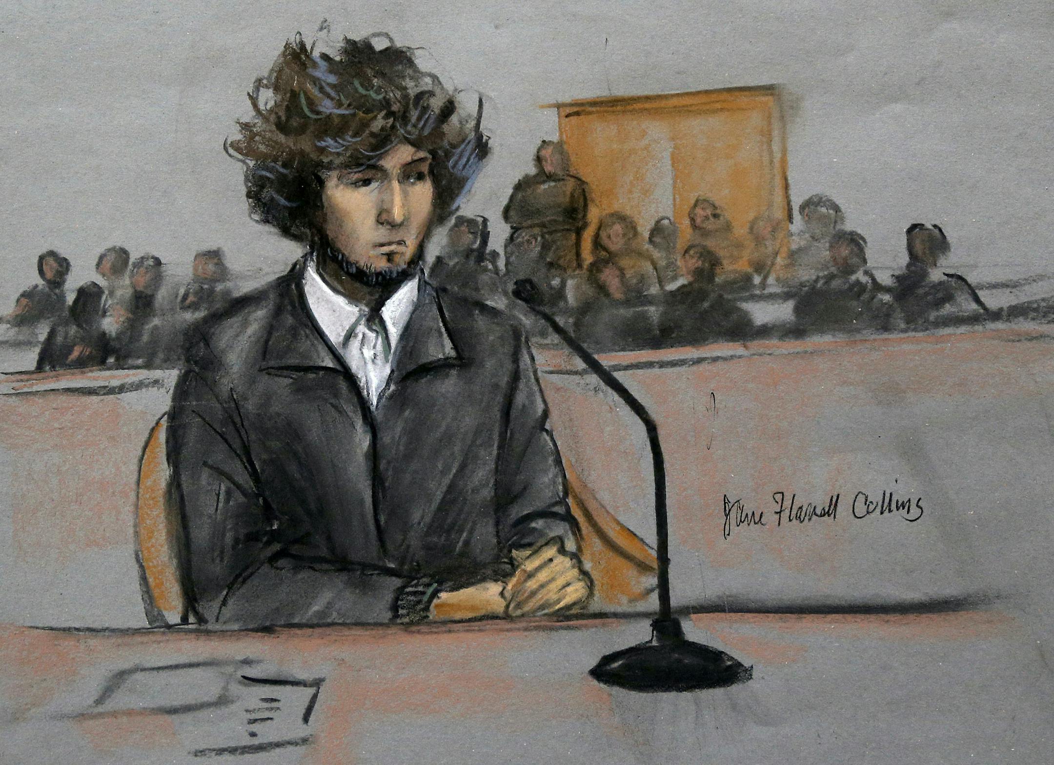 FILE - In this Thursday, Dec. 18, 2014 courtroom sketch, Boston Marathon bombing suspect Dzhokhar Tsarnaev sits in federal court in Boston for a final hearing before his trial begins in January. On Friday, May 15, 2015, Dzhokhar Tsarnaev was sentenced to death by lethal injection for the 2013 Boston Marathon terror attack. Some analysts worry that Tsarnaev's eventual execution could inspire more attacks. But others, including Islamic leaders, say no: Tsarnaev was more of a lone wolf with a low p