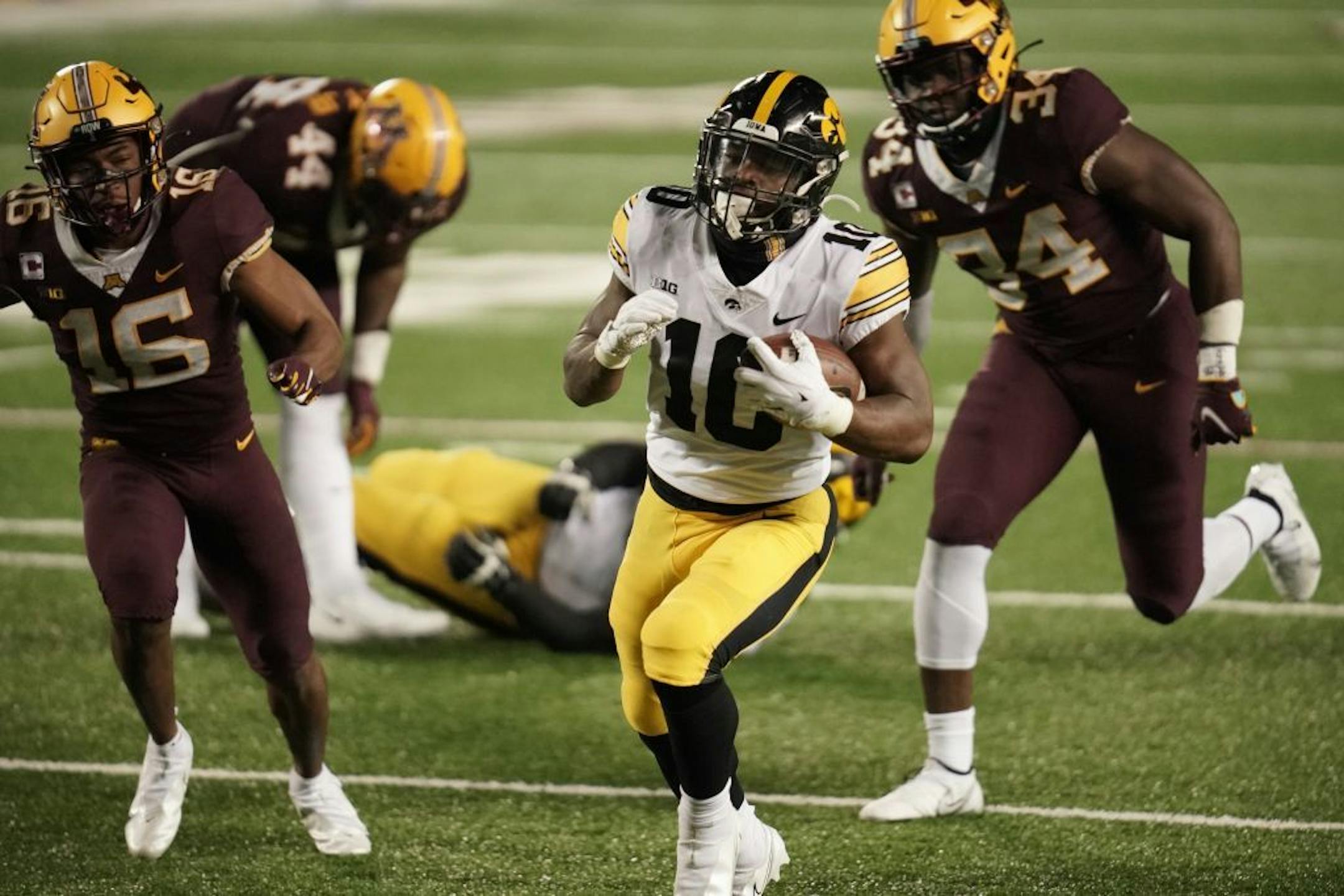 Iowa Hawkeyes running back Mekhi Sargent (10) ran for a touchdown in the fourth quarter.