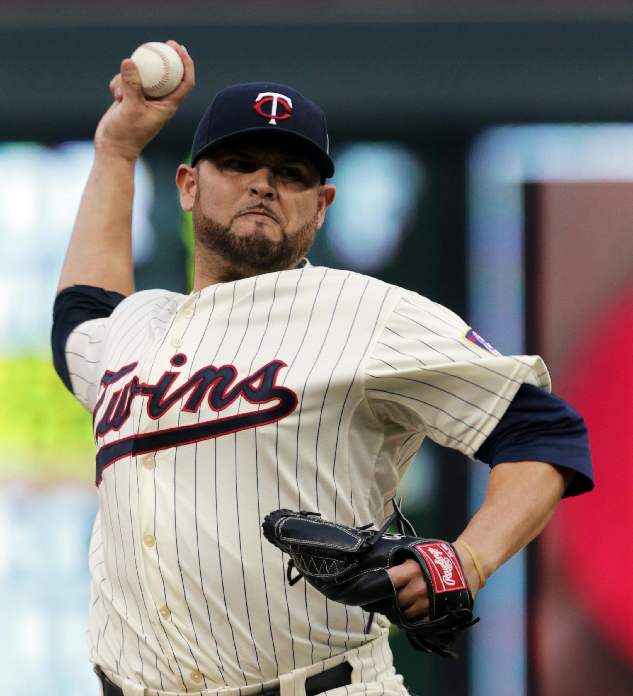 Minnesota Twins pitcher Ricky Nolasco throws against the Cleveland Indians in the first inning of a baseball game, Wednesday, Aug. 20, 2014, in Minneapolis. (AP Photo/Jim Mone)