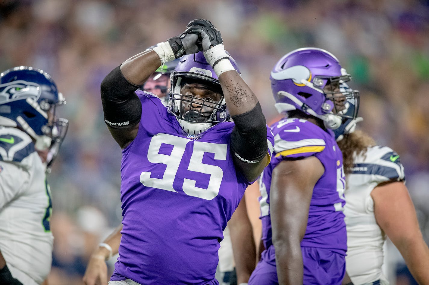 Vikings defensive end Ifeadi Odenigbo celebrated during a preseason game vs. Seattle