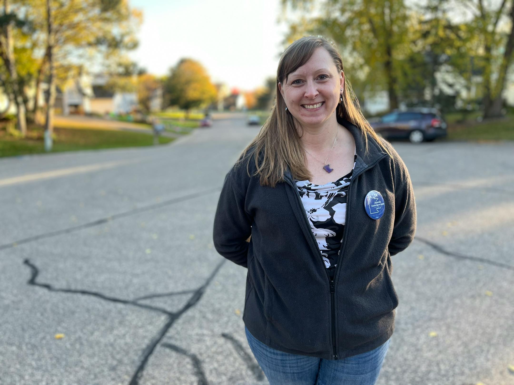 Rep. Amanda Hemmingsen-Jaeger poses for a portrait while campaigning in Woodbury on Monday, Oct. 27, 2025.