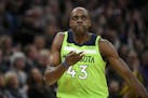 Minnesota Timberwolves forward Anthony Tolliver (43) reacted after hitting a 3-pointer in the second half against the Philadelphia 76ers.