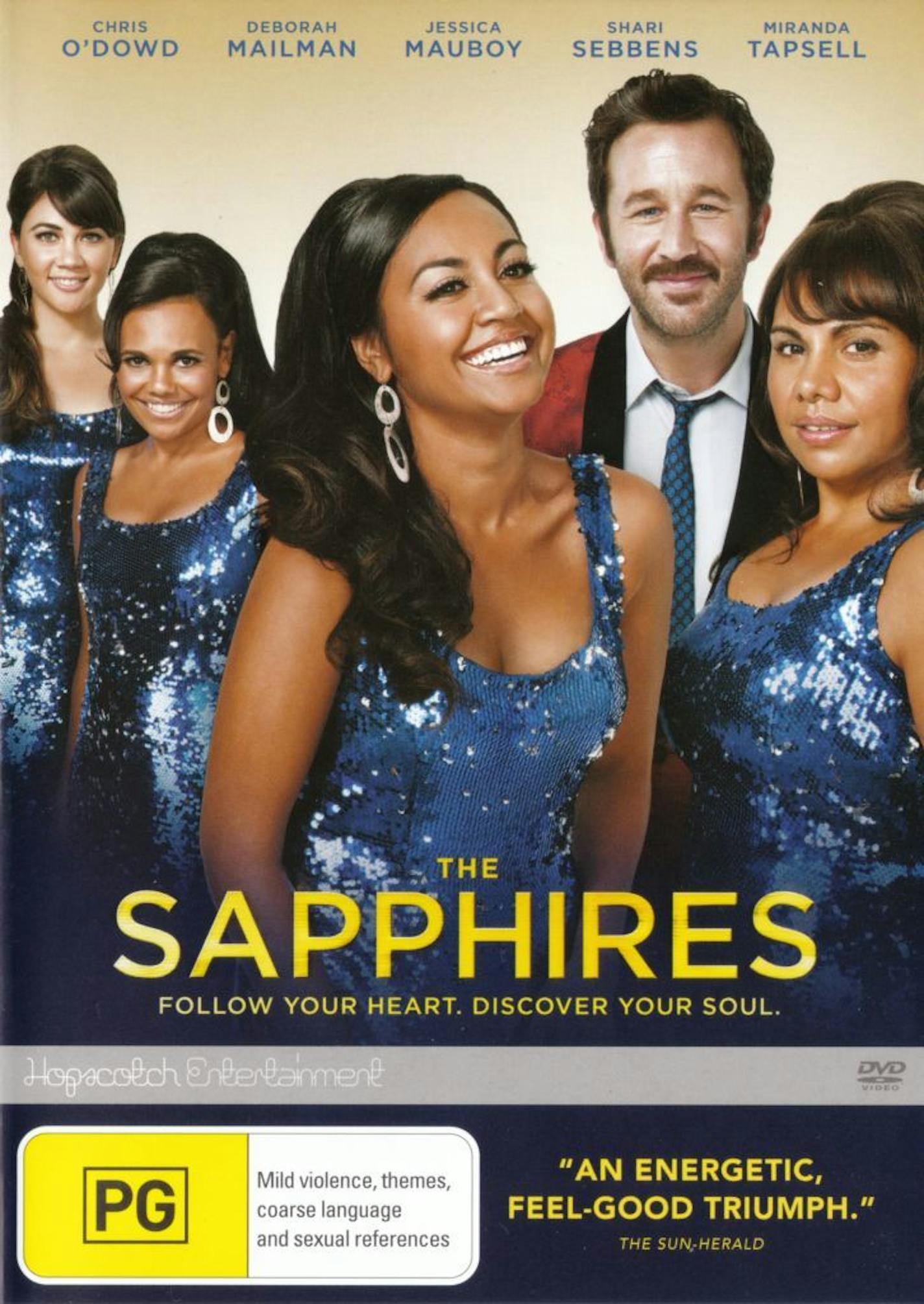 This image is the DVD cover for the movie "The Sapphires" distributed by Australian company Hopscotch Entertainment. The American distributor of the DVD, Anchor Bay Entertainment, is apologizing for the American version of the DVD cover, which some have called sexist and racist, and says it is considering new cover art for future shipments. The Australian cover shows four actresses of various races prominently in the foreground, and Chris O'Dowd, who plays their manager, in the background. Their