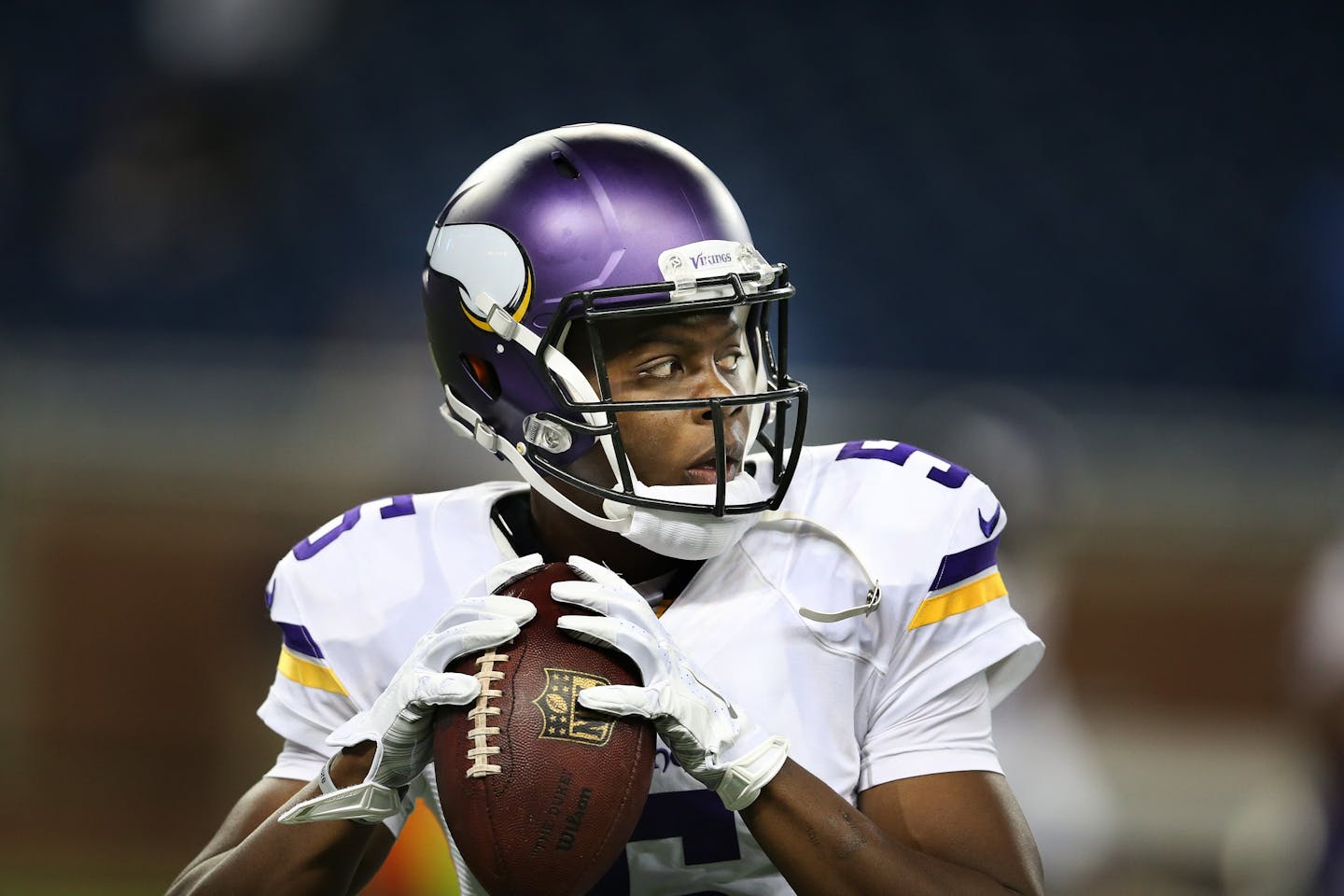 Minnesota Vikings quarterback Teddy Bridgewater (5) warmed up at Ford Field Sunday October 25, 2015 in Detroit, MI.