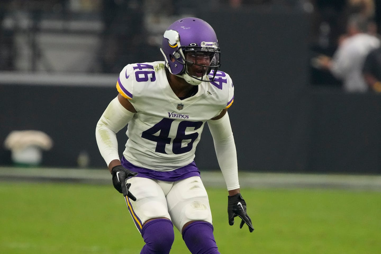 Minnesota Vikings safety Myles Dorn (46) during the first half of an NFL preseason football game against the Las Vegas Raiders, Sunday, Aug. 14, 2022, in Las Vegas. (AP Photo/Rick Scuteri)