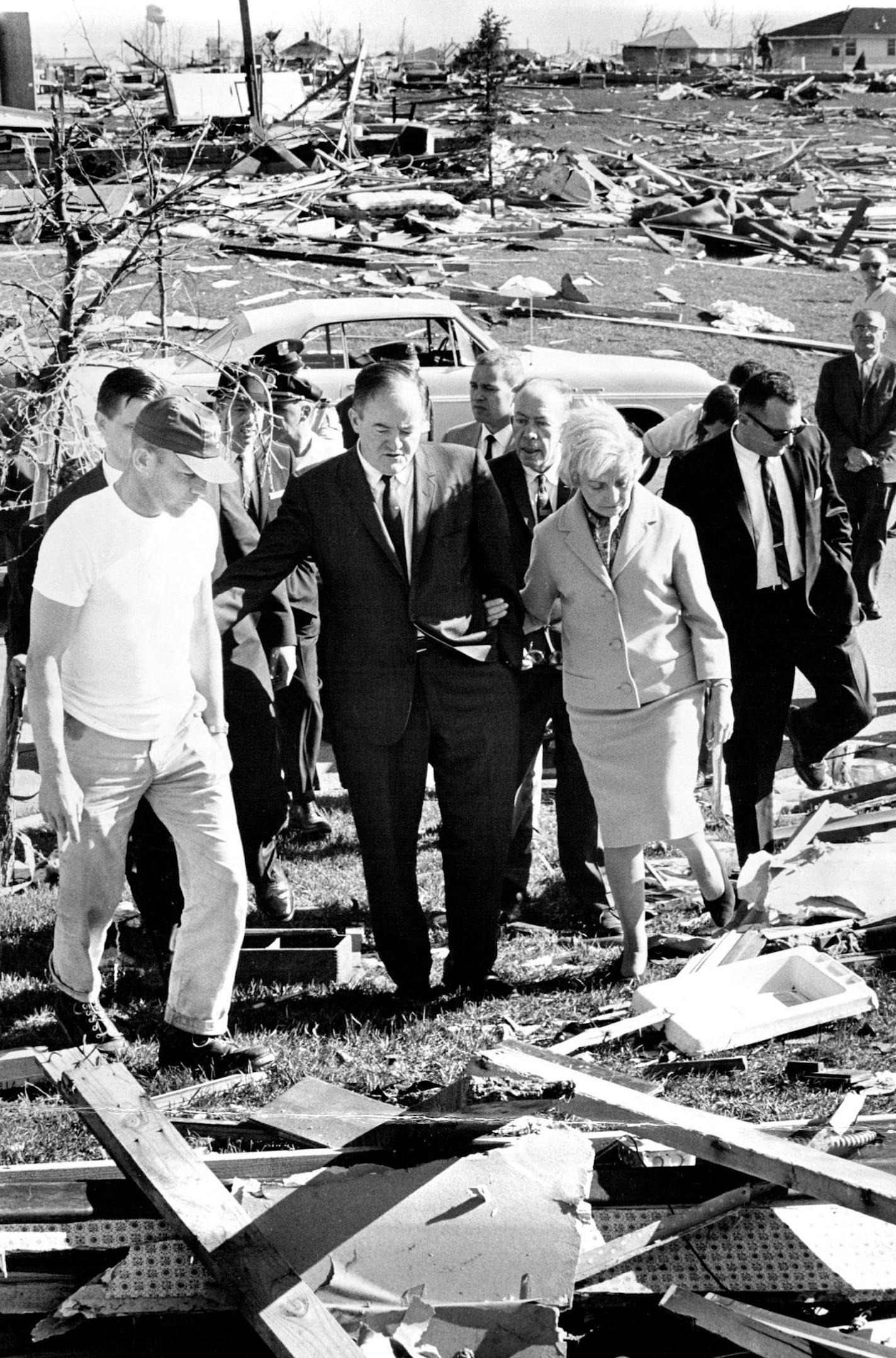 May 10, 1965 John Markfelder left, showed Vice-President Hubert Humphrey Sunday where the Markfelder home stood at 613 Rice Creek Ter., Fridley, before tornadoes swept the house away Thursday.Between Humphrey and his wife, MurieJ, was Gov. Karl Rolvaag. Partially hidden behind Markfelder was Sen. Walter F. Mondale. May 9, 1965 Earl Seubert, Minneapolis Star Tribune