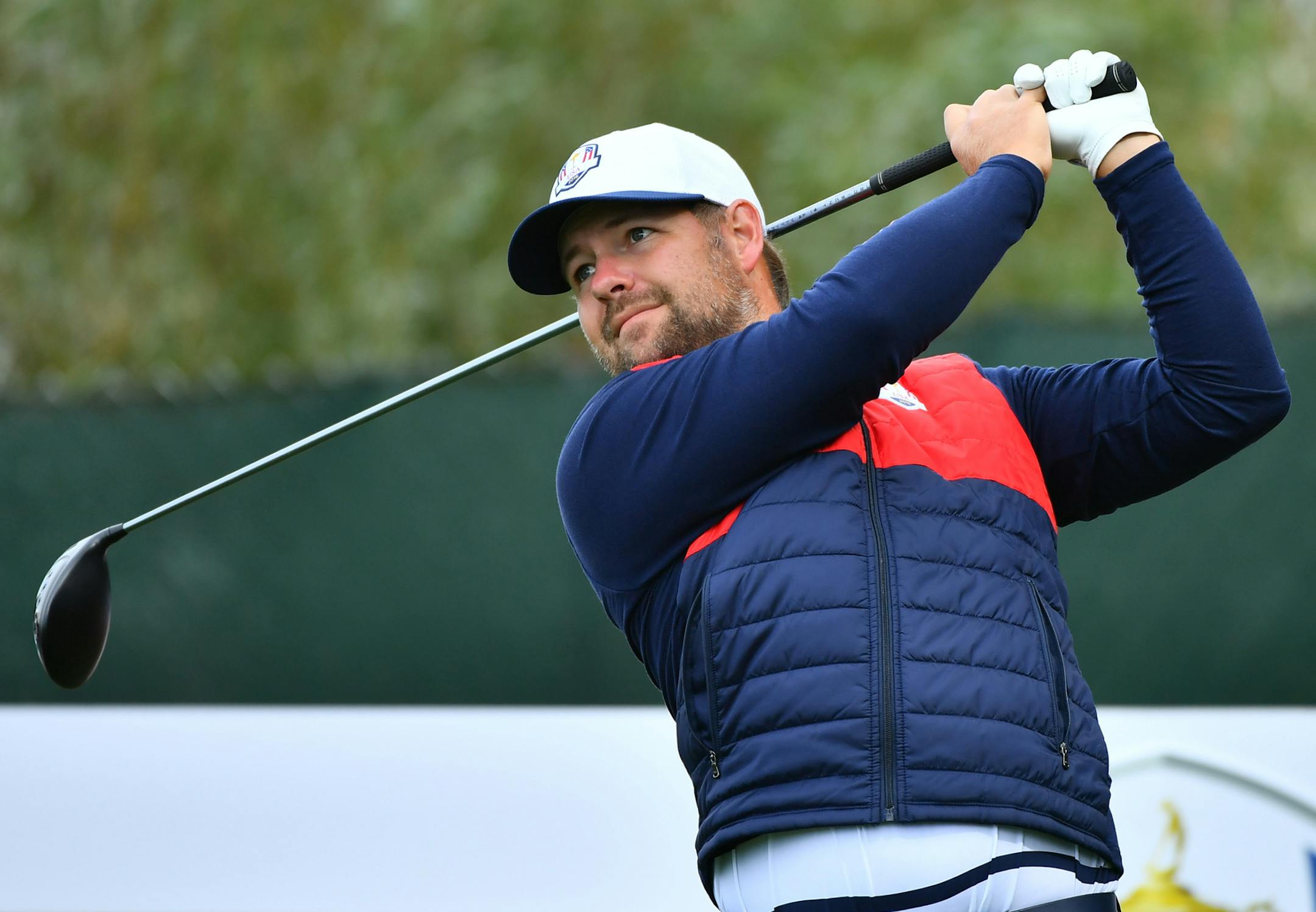 Ryan Moore followed through with his drive after hitting on the 7th hole at Hazeltine during practice time Tuesday. ] (AARON LAVINSKY/STAR TRIBUNE) aaron.lavinsky@startribune.com Team USA and Team Europe practiced for the Ryder Cup at Hazeltine National Golf Club on Tuesday, Sept. 27, 2016 in Chaska, Minn.