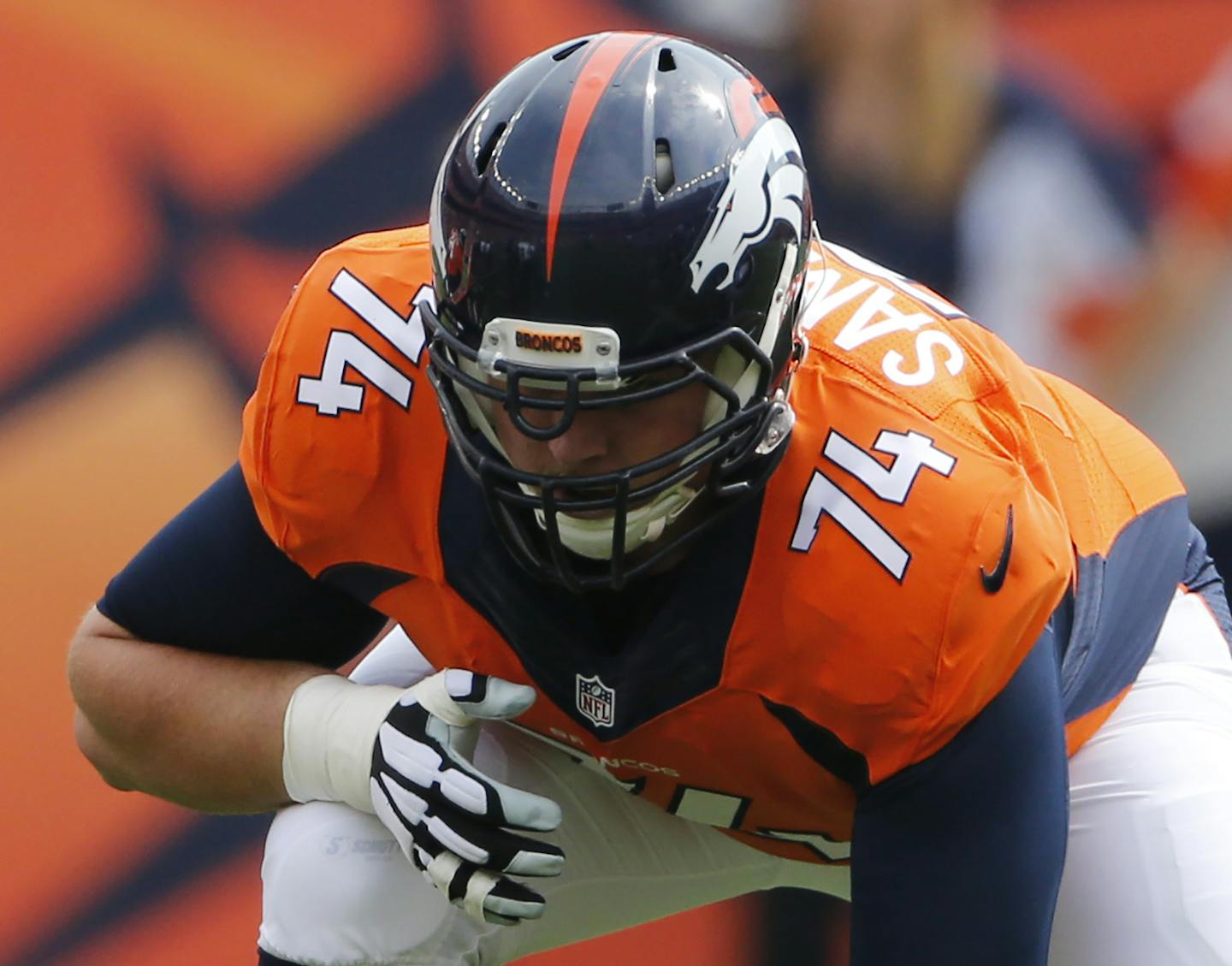 Denver Broncos offensive tackle Ty Sambrailo lines up against the Baltimore Ravens during an NFL football game between the Denver Broncos and the Baltimore Ravens Sunday, Sept. 13, 2015, in Denver. Denver beat Baltimore 19-13. (AP Photo/Jack Dempsey) ORG XMIT: MIN2015093019173033