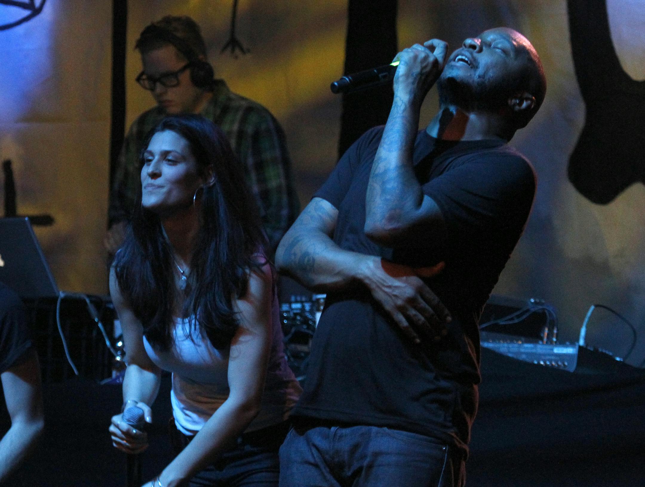 Doomtree took over the First Ave club scene for a week ending on Friday night jam throughout the night all members taking the stage at different times throughout the night. In this photo:_Doomtree members never stopped Friday night at First Ave. from left, Cecil Otter, Dessa, P.O.S. an in the back DJ, Paper Tiger. [ TOM WALLACE â\u20AC¢ twallace@startribune.com ASSIGNMENT _#20020909A _SLUG: DOOMTREE1212_EXTRA INFO: Doomtree members are: P.O.S. Dessa, Mike Mictlan, Sims and Cecil Otter,