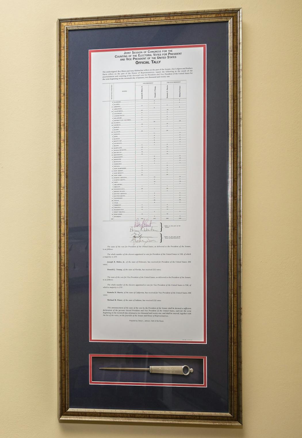 A framed electoral vote count tally of Biden's 2020 win approved by Congress hangs in Klobuchar's office.