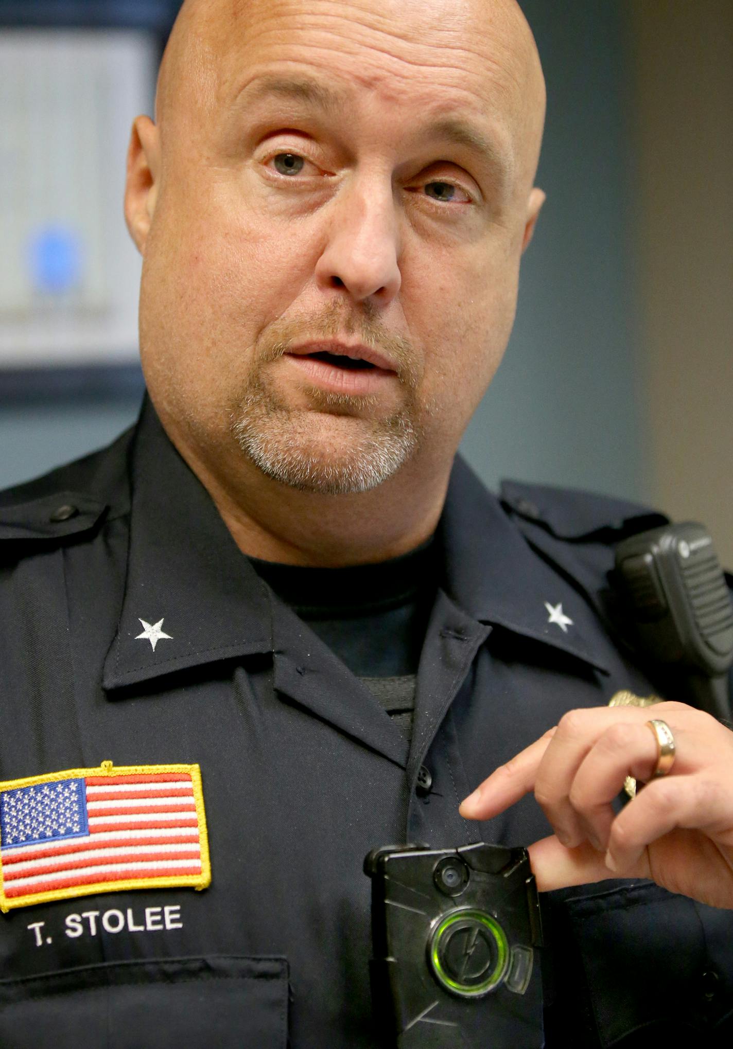 Belle Plaine Police Chief Tom Stolee long ago saw the advantage of body cameras and got approved for them in 2014. Stolee said the cameras are high def and the video can't be tampered with or erased in post production. Stolee, seen Tuesday, May 31, 2016, at the police department in Belle Plaine, MN, said the cameras protect both the public and the police officers because of the transparency created. If someone is not being honest, the camera video will reveal the truth, Stolee said.](DAVID JOLES