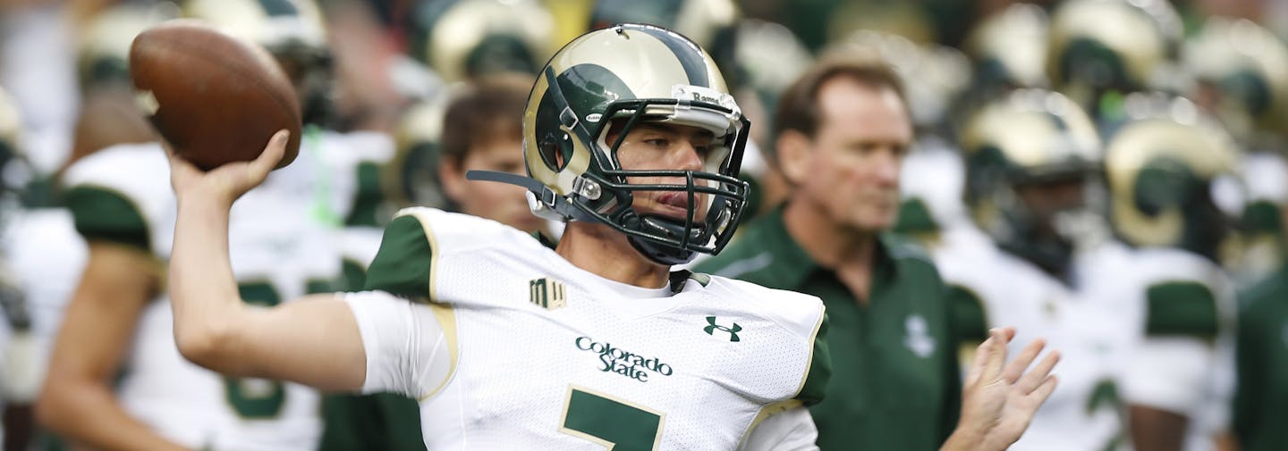 Colorado State quarterback Nick Stevens warms up before facing Colorado in the first quarter of an NCAA college football game in Denver on Friday, Aug. 29, 2014. (AP Photo/David Zalubowski) ORG XMIT: OTKDZ174