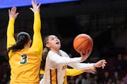 Amaya Battle, shown against North Dakota State last week in the WNIT round of 16, dominated for the Gophers on Monday in a win over Wyoming.