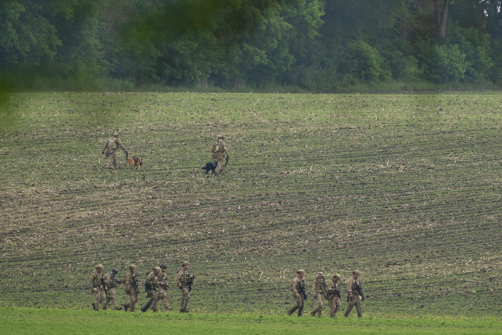 Law enforcement officers cross a farm field after searching a wooded area near where Vance Boelter has been apprehended Sunday.