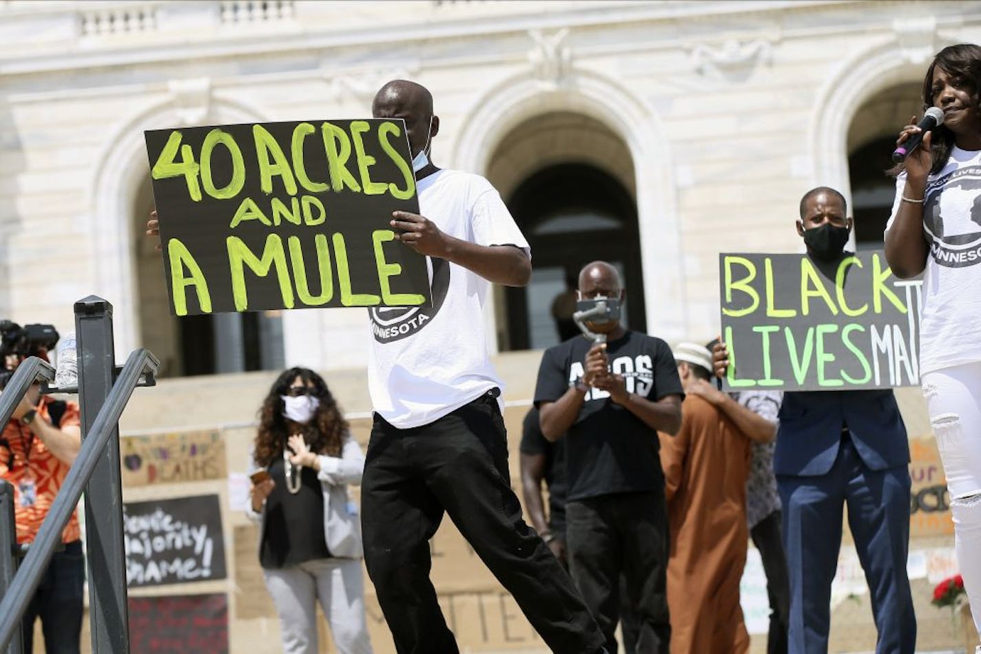 People demonstrate at the Minnesota Capitol on June 19 to mark Juneteenth. Juneteenth marks the day in 1865 when federal troops arrived in Galveston, Texas, to take control of the state and ensure all enslaved people be freed, more than two years after the Emancipation Proclamation.