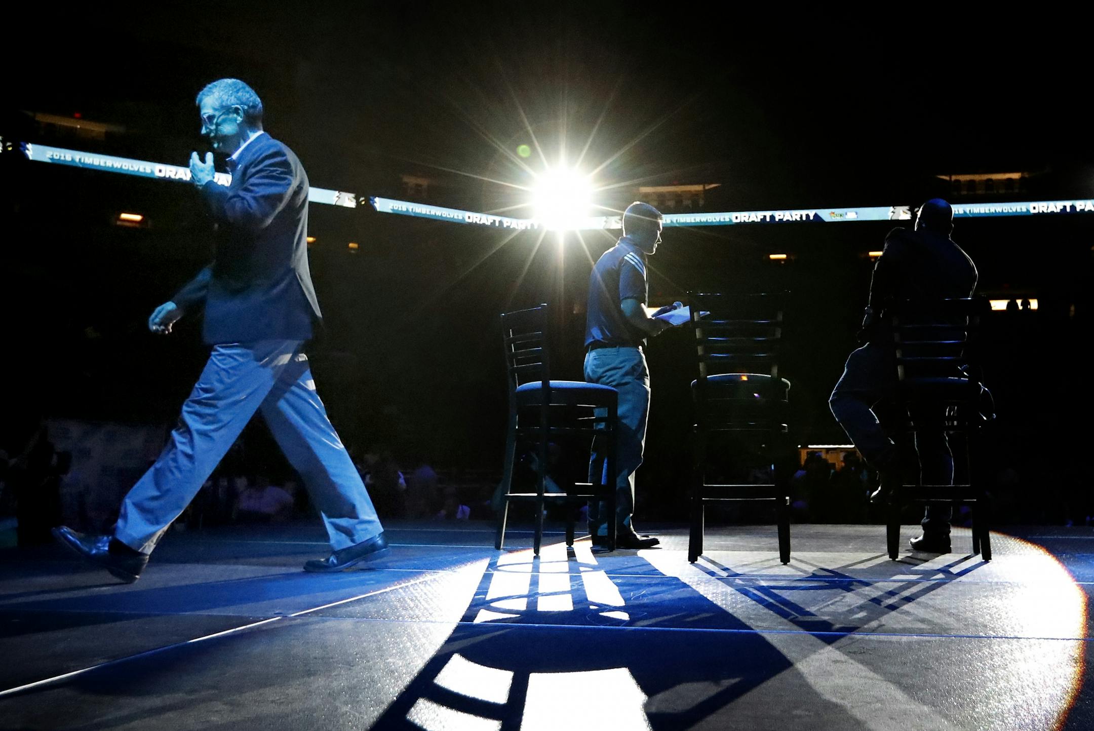 Minnesota Timberwolves general manager Scott Layden walked off stage after an interview at Target Center during the Timberwolves draft party.
