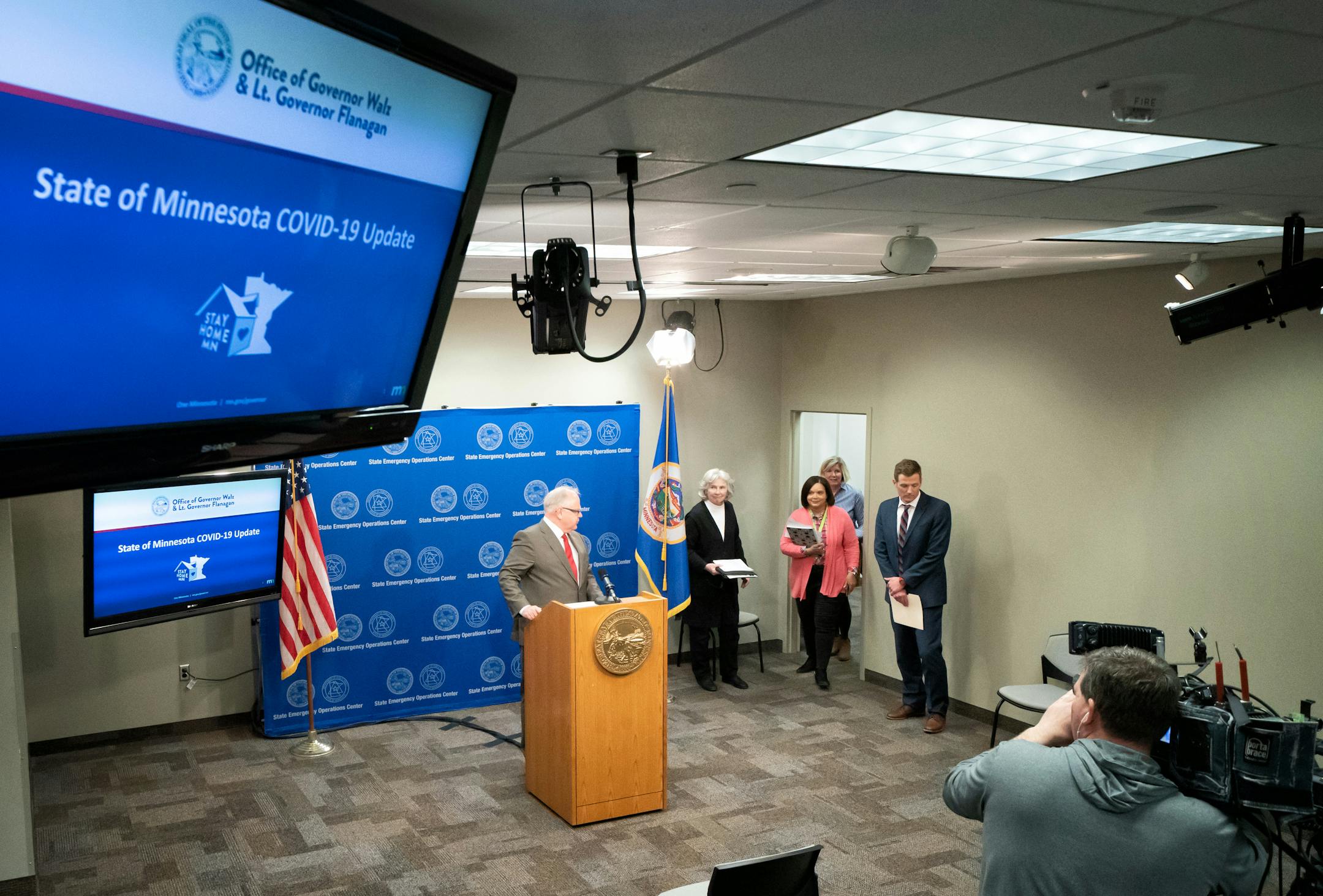 Gov. Tim Walz provided an update on the state's response to COVID-19 at a briefing April 8.