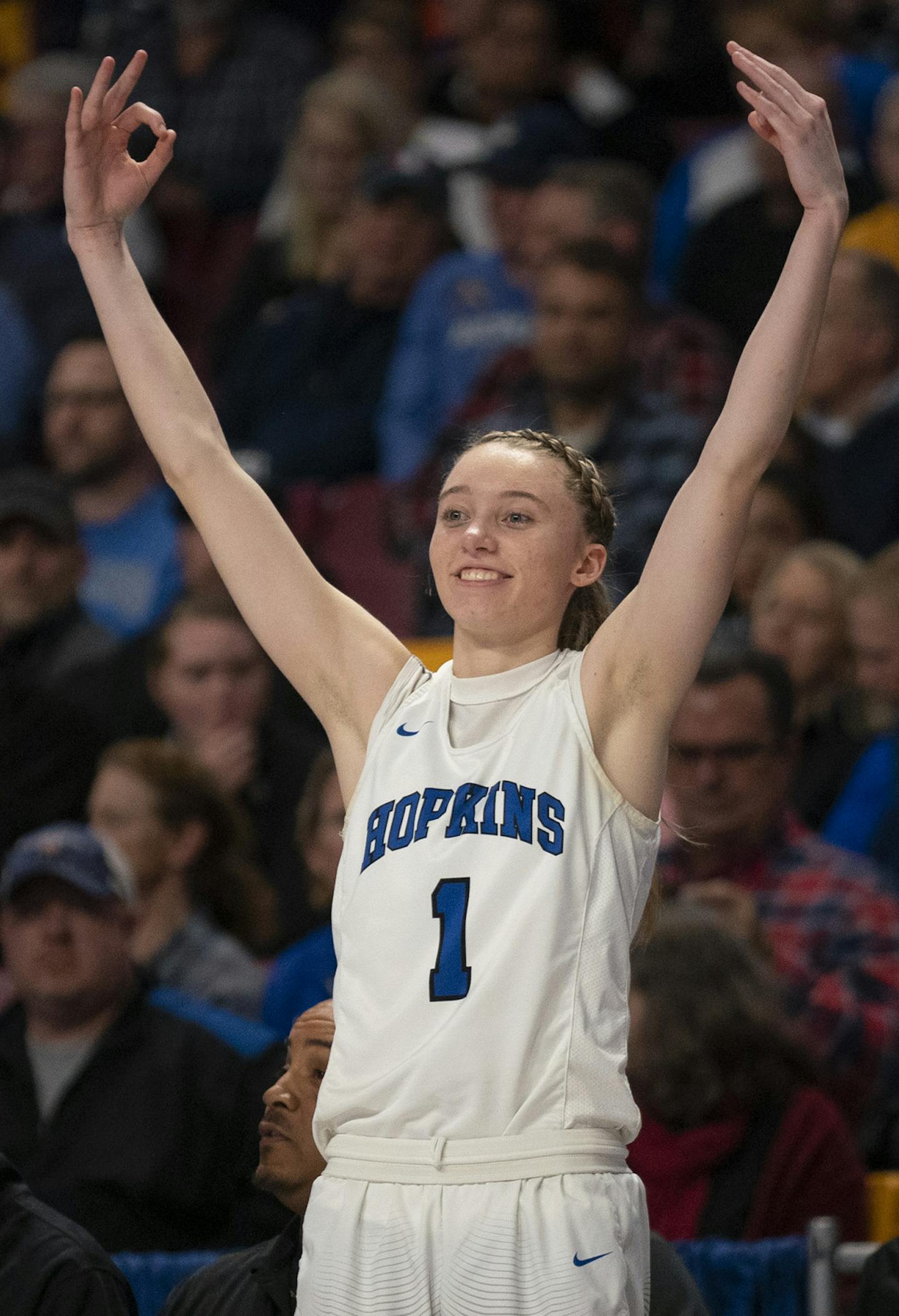 Hopkins guard Paige Bueckers (1) signaled a three point shot from the bench in the final moments of their win over Stillwater. ] JEFF WHEELER • Jeff.Wheeler@startribune.com Undefeated Hopkins cruised to a 66-40 win over Stillwater in a Minnesota State High School League Class 4A Girls' Basketball Tournament semi-final game Thursday night, March 12, 2020 at Williams Arena in Minneapolis.