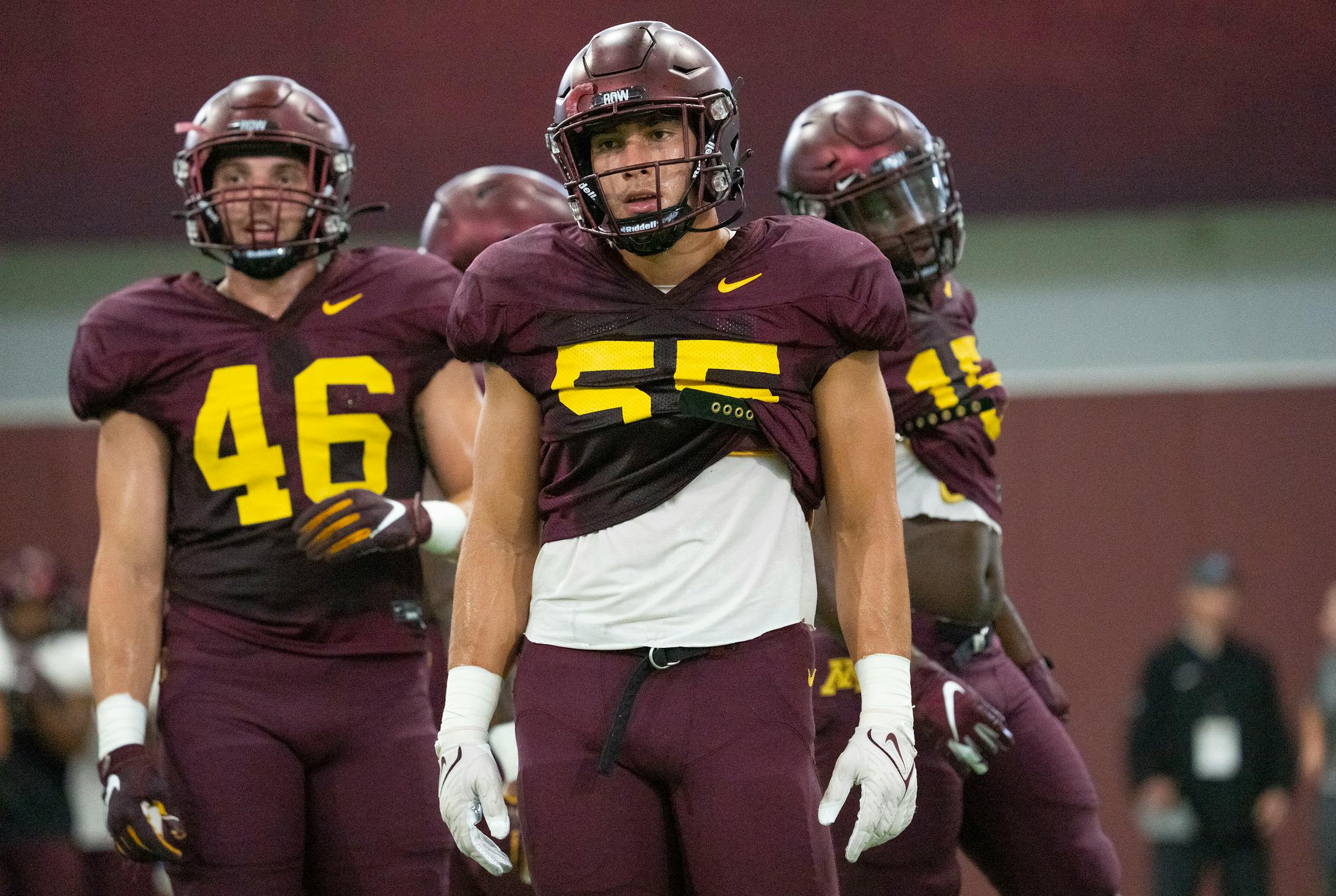 Gophers linebacker Mariano Sori-Marin (55) waits for the next play during the football team's open practice Saturday.