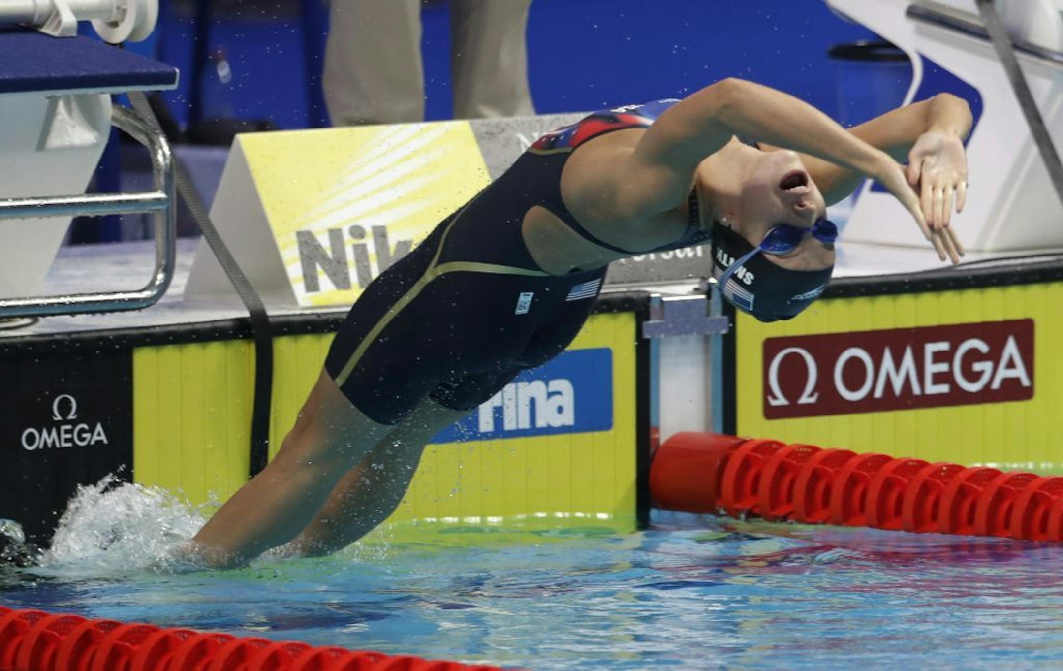 United States' Regan Smith starts a women's 200-meter backstroke semifinal during the swimming competitions of the World Aquatics Championships in Budapest, Hungary, Friday, July 28, 2017.