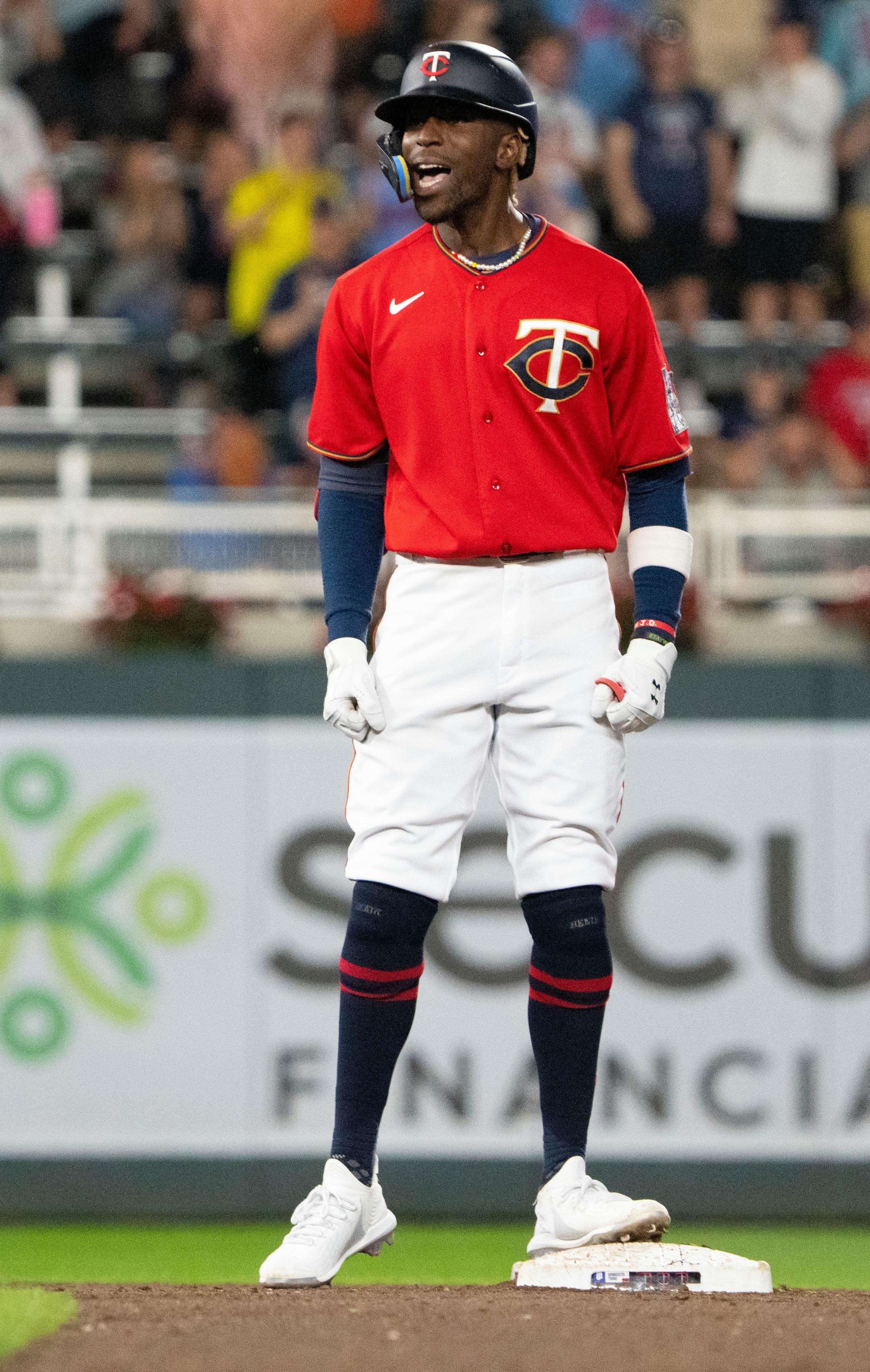 Minnesota Twins center fielder Nick Gordon (1) celebrates after hitting an RBI double in the bottom of the eighth inning.