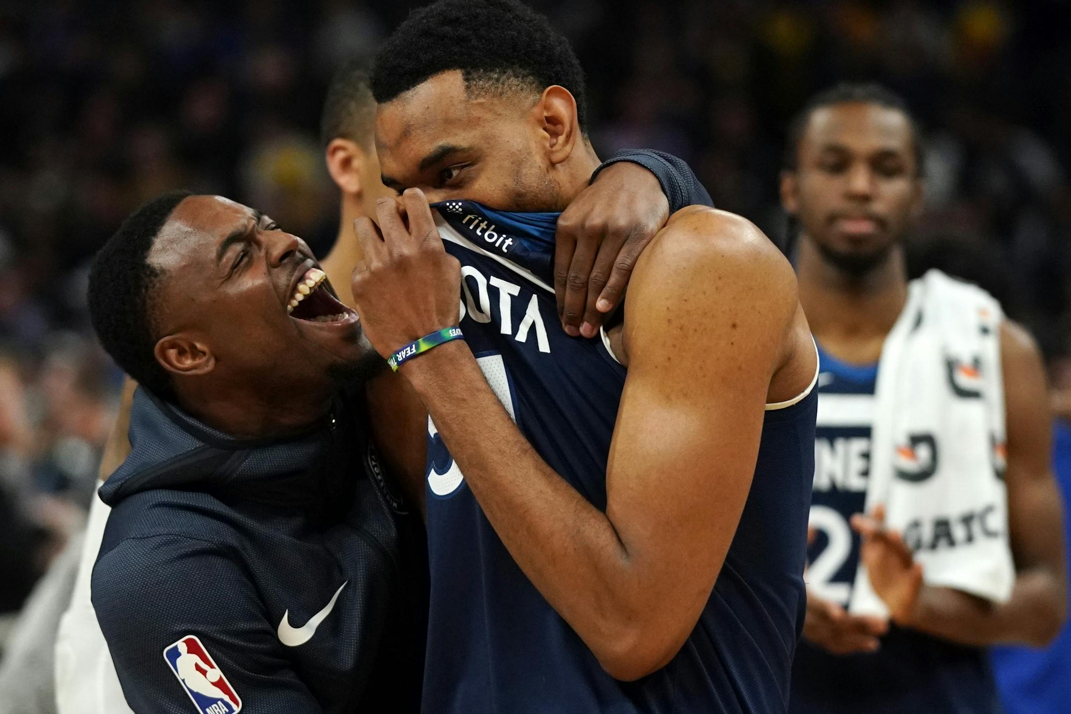 Minnesota Timberwolves forward Keita Bates-Diop (31) celebrated with his teammates after the win over the Golden State Warriors in overtime.