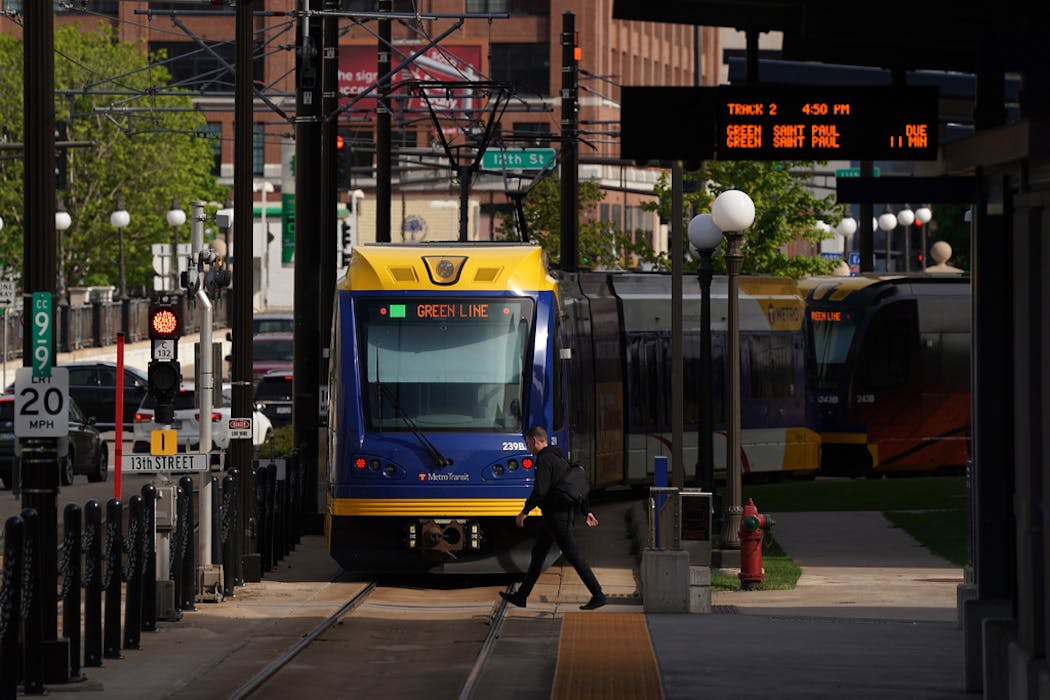A Green Line train left the Robert Street station in St. Paul in May 2019.