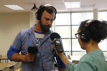 Student producers Marko Milosevic and Tanita Cronk work on the "Finding Your Place" podcast, an effort by faculty and students in the Minnesota State 