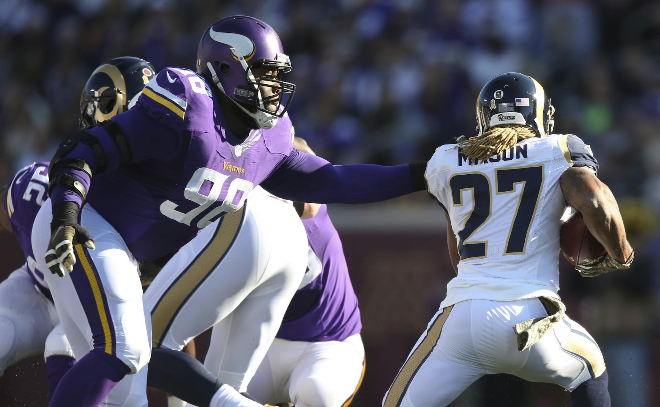 Vikings nose tackle Linval Joseph, pursuing Rams running back Tre Mason, is recovering from a toe injury but returned to practice Wednesday.