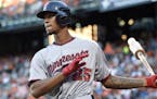 Minnesota Twins' Byron Buxton warms up before a baseball game against the Baltimore Orioles, Saturday, Aug. 22, 2015, in Baltimore. The Twins won 3-2.