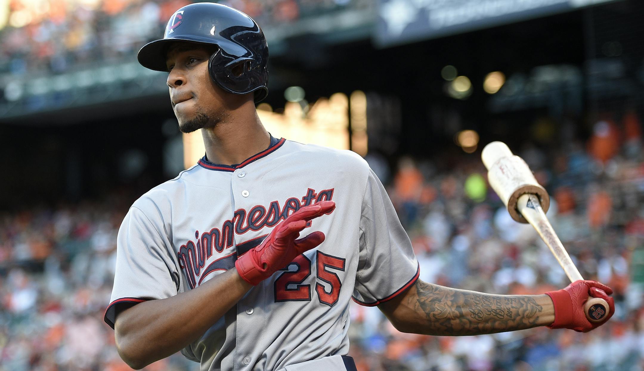 Minnesota Twins' Byron Buxton warms up before a baseball game against the Baltimore Orioles, Saturday, Aug. 22, 2015, in Baltimore. The Twins won 3-2. (AP Photo/Nick Wass)