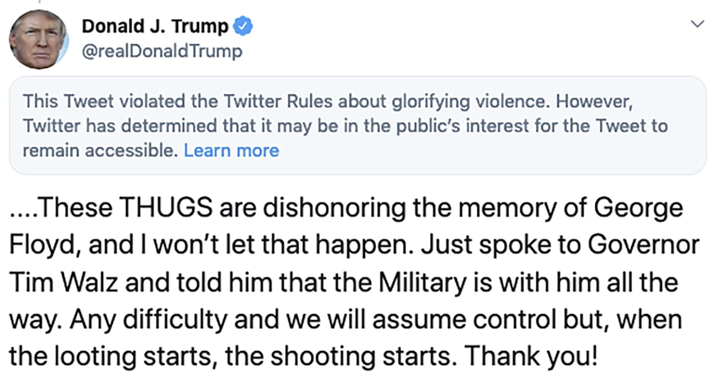 This image from the Twitter account of President Donald Trump shows a tweet he posted on Friday, May 29, 2020, after protesters in Minneapolis torched a police station, capping three days of violent protests over the death of George Floyd, who pleaded for air as a white police officer knelt on his neck. The tweet drew a warning from Twitter for Trump's rhetoric, with the social media giant saying he had "violated the Twitter Rules about glorifying violence." (Twitter via AP)