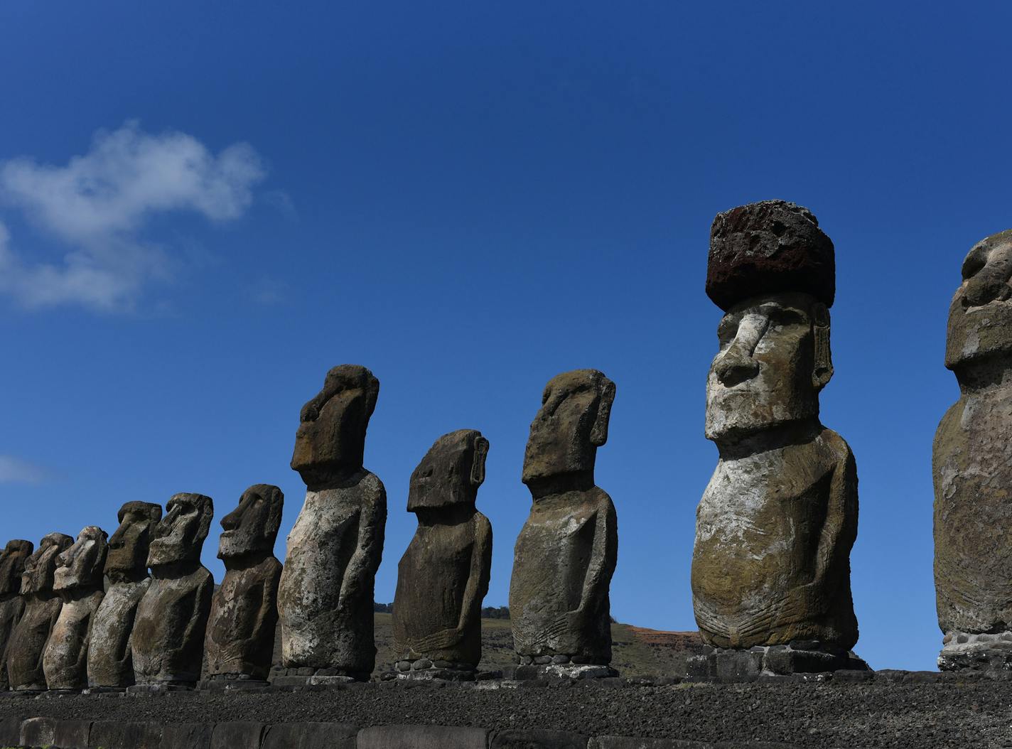 Moais seen at ceremonial platform Ahu Tongariki at Rapa Nui National Park in September 2019. A privately owned pickup truck has destroyed one of Easter Island's Moai statues, slamming into the ancient stone monument on the morning of March 1, reported Chilean newspaper, El Mercurio. (John Milner/SOPA Images/LightRocket/Getty Images/TNS)