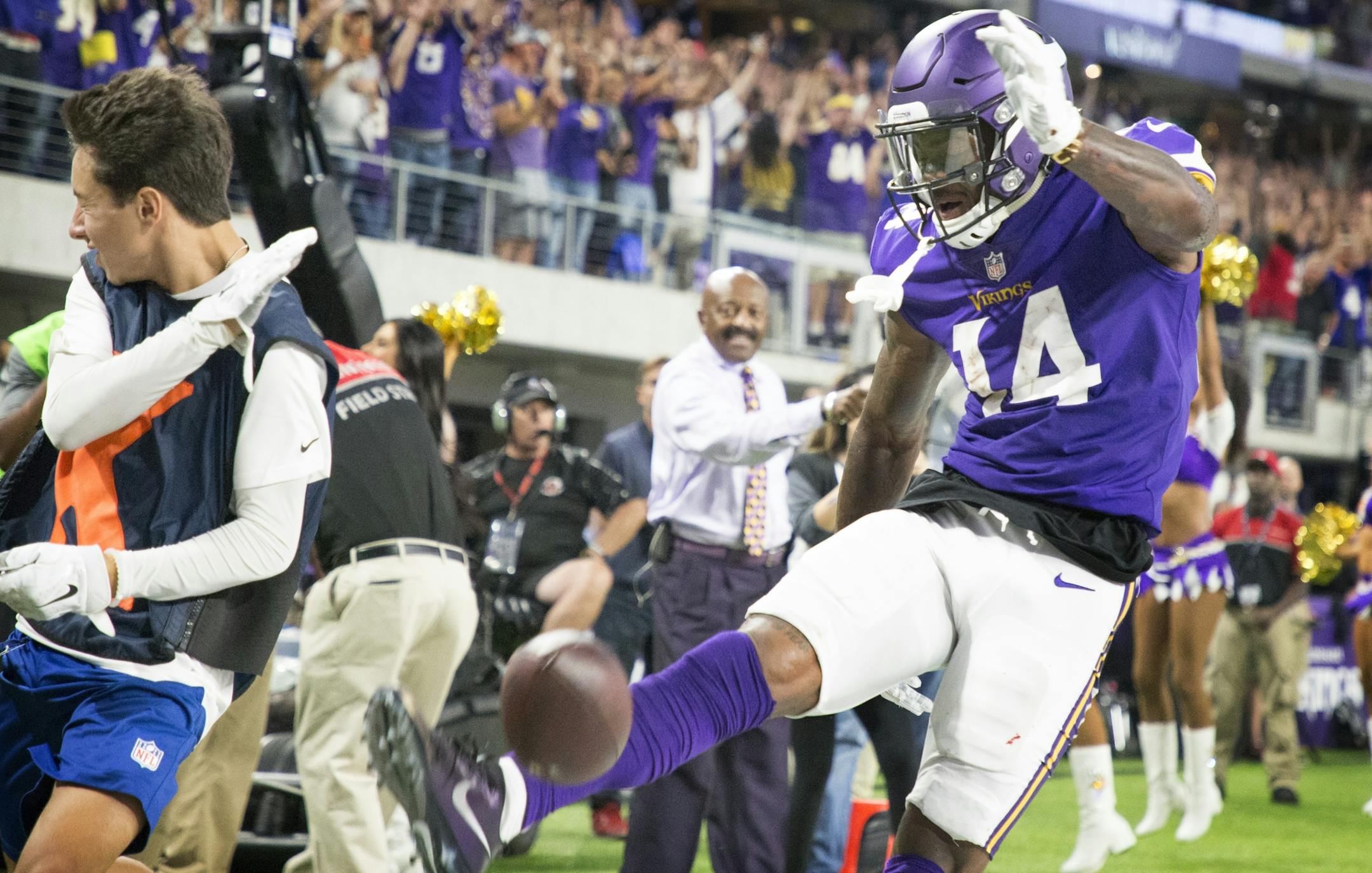 Minnesota Vikings wide receiver Stefon Diggs (14) kicked the ball after scoring a late second quarter touch catch at U.S. Bank Stadium Monday September 11,2017 in Minneapolis, MN.