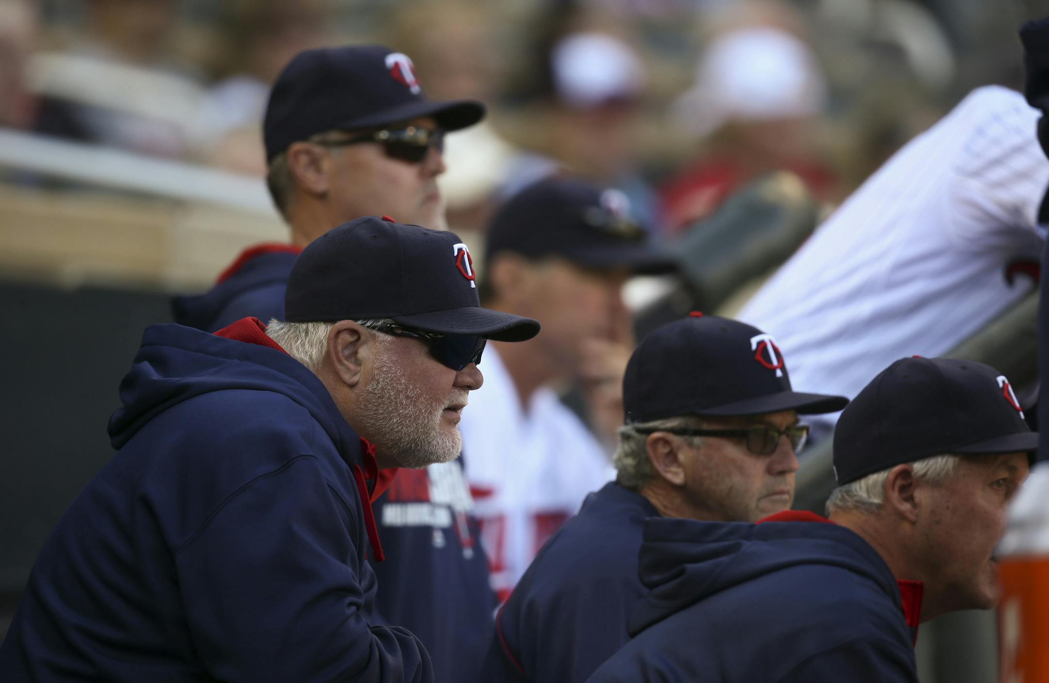 Minnesota Twins manager Ron Gardenhire, left, and other coaches watched the team late in their loss to Cleveland Sunday afternoon at Target Field. ] JEFF WHEELER ‚Ä¢ jeff.wheeler@startribune.com The Twins lost 7-2 to the Cleveland Indians Sunday afternoon September 21, 2014 at Target Field in Minneapolis.