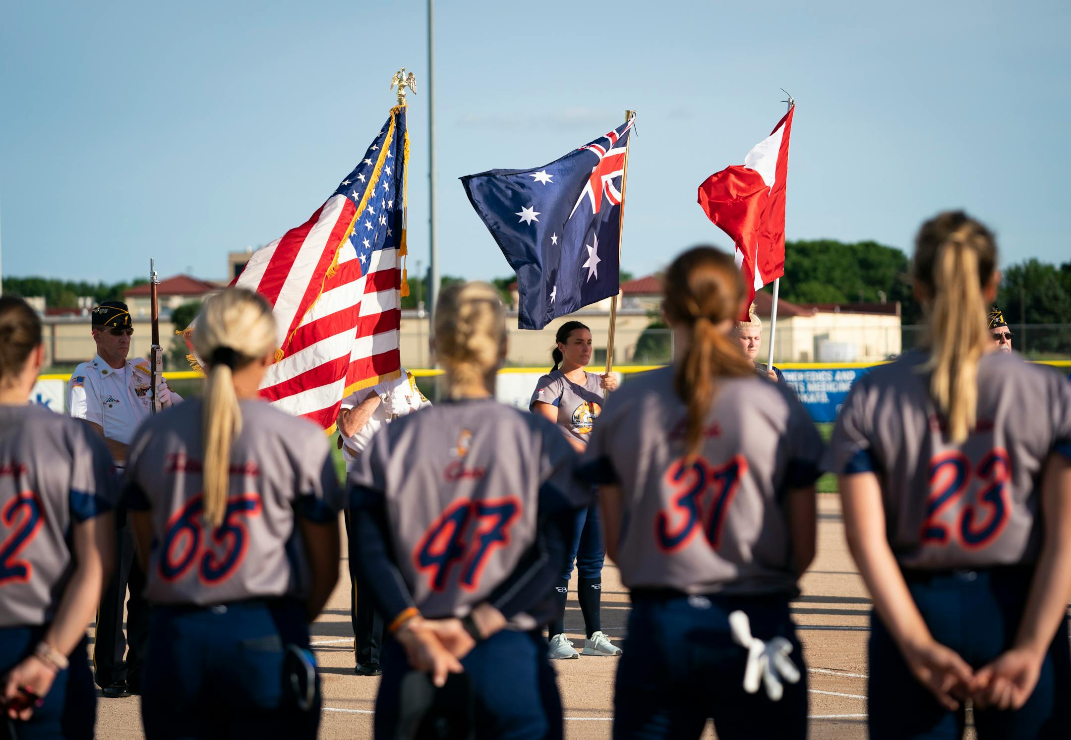 The Aussie Pepper and the Canadian Wild stood for the U.S.A, Canadian and Australian National Anthems during a game against the Canadian Wild in North Mankato, Minn. Wednesday, July 3, 2019. ] RENEE JONES SCHNEIDER ¥ renee.jones@startribune.com