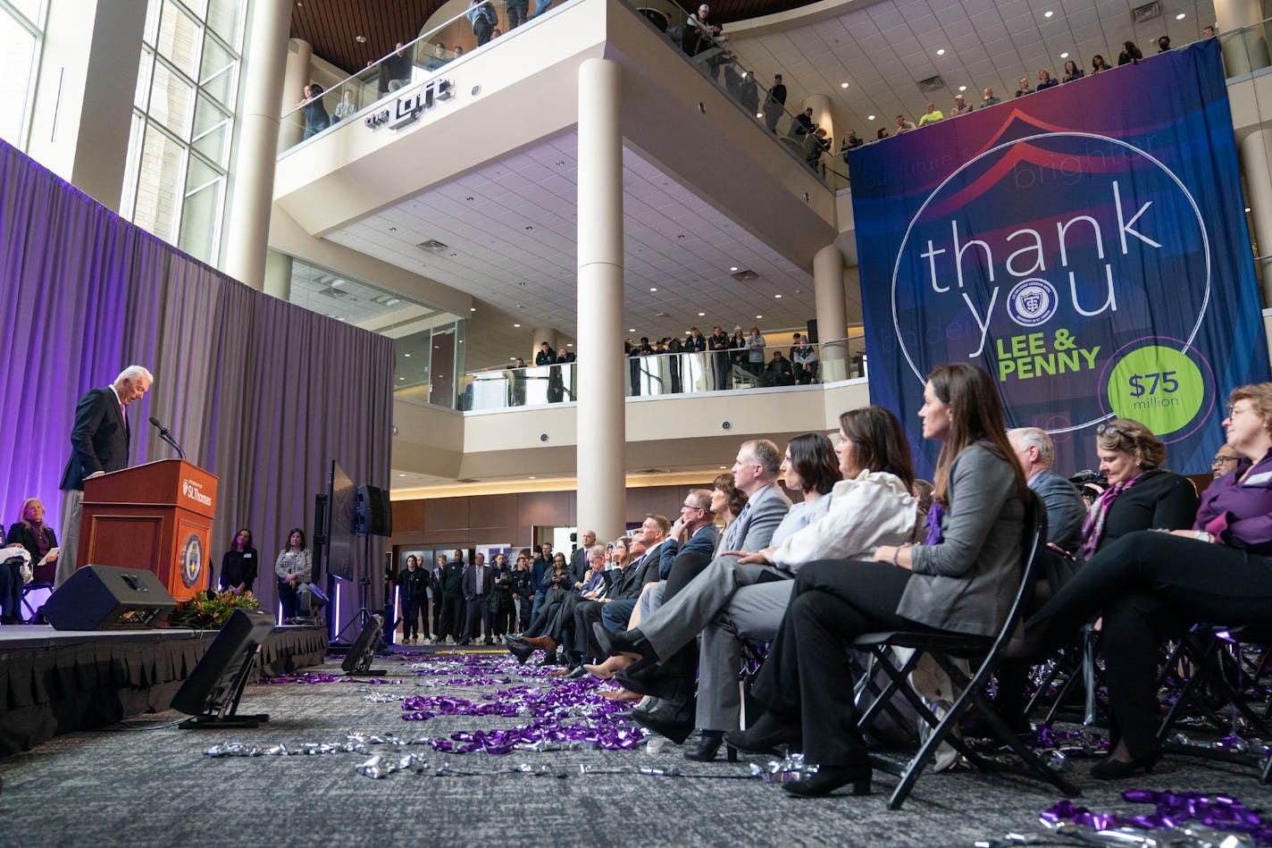 Lee Anderson speaks at a kick-off event Tuesday, Jan. 17, 2023 at the Anderson Student Center on the campus of St. Thomas University St. Paul, Minn. The University announced a $75 million donation to the athletic program from Lee and Penny Anderson. ]