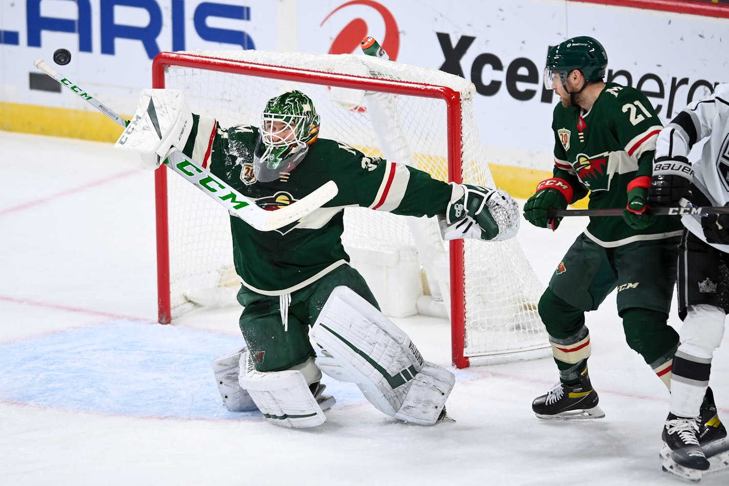 Minnesota Wild goaltender Kaapo Kahkonen (34) blocked a shot in the third period. ] AARON LAVINSKY • aaron.lavinsky@startribune.com