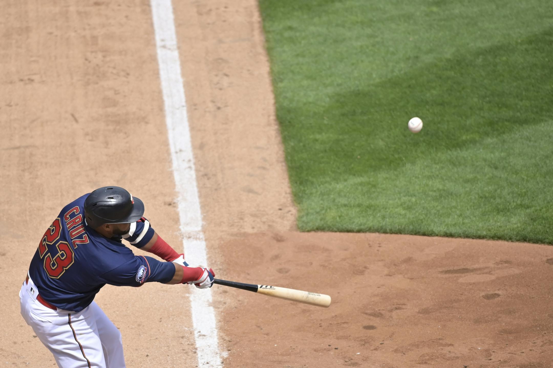 Minnesota Twins designated hitter Nelson Cruz (23) doubled on a line drive to Kansas City Royals left fielder Alex Gordon (4) in the bottom of the fifth inning.