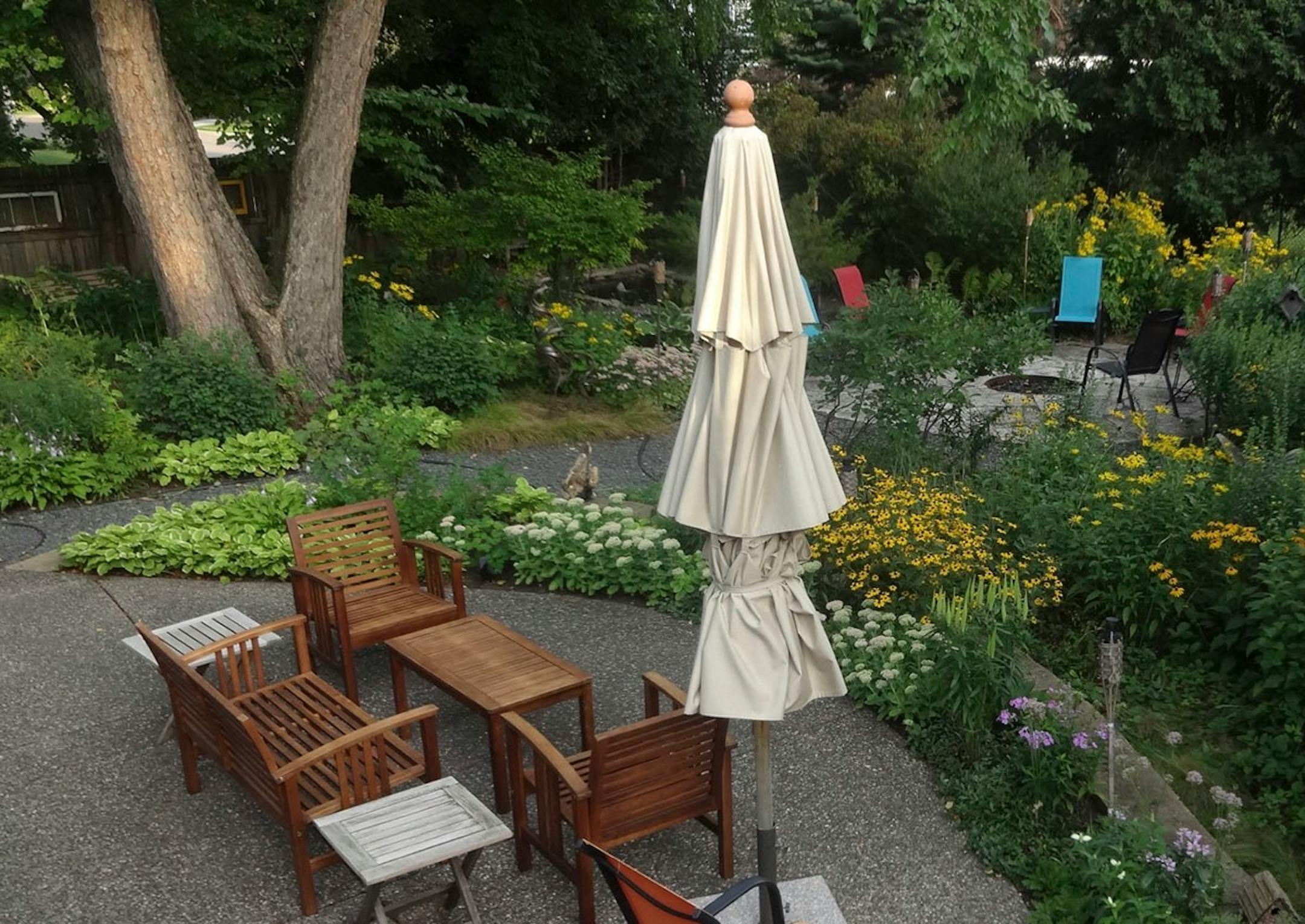 The patio is surrounded by a woodland garden.
