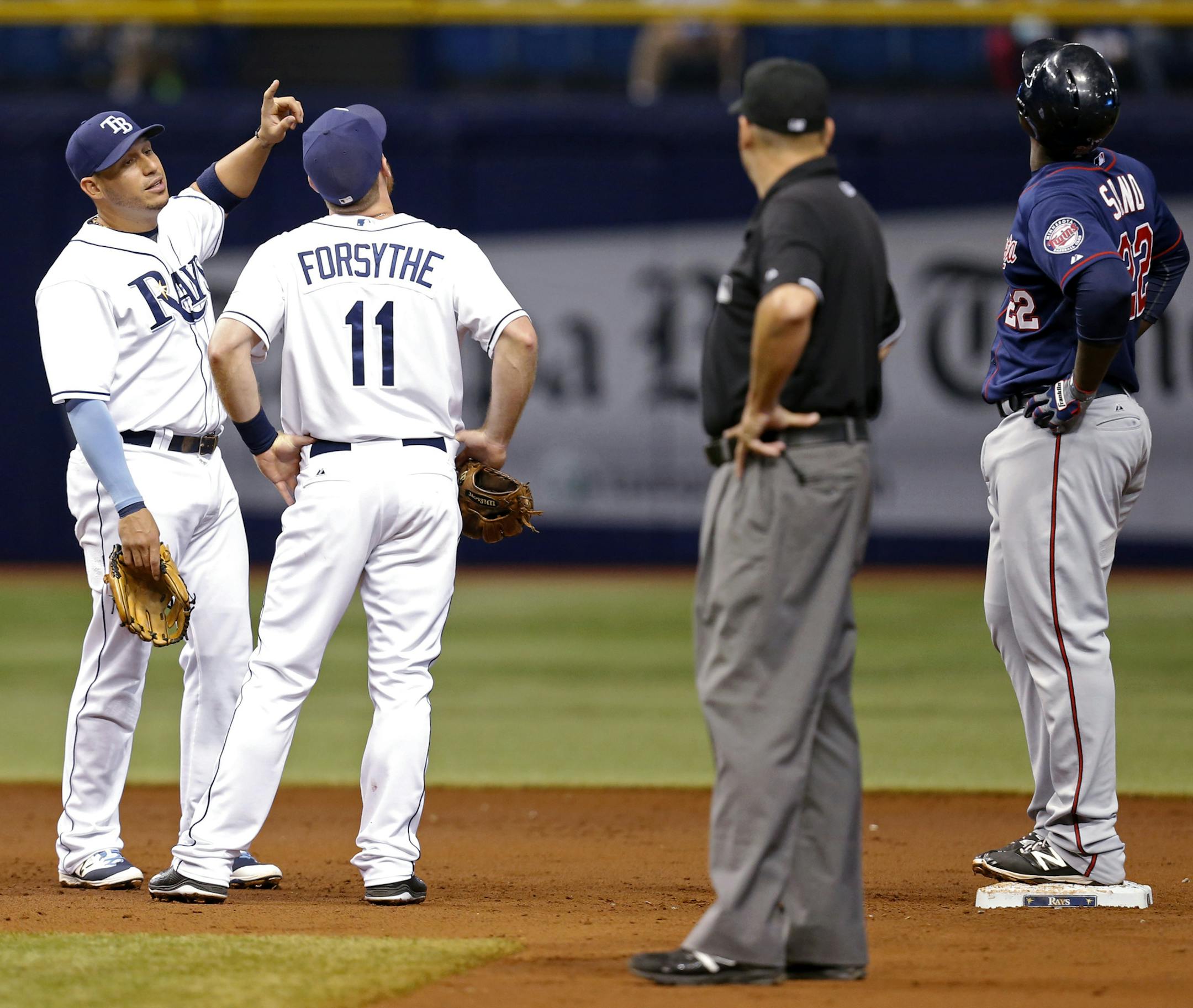 Tampa Bay Rays shortstop Asdrubal Cabrera, left, and teammate Logan Forsythe look up to see the ring of the dome at Tropicana Field that Minnesota Twins' Miguel Sano, right, hit with his RBI ground-rule double during the third inning of a baseball game Thursday, Aug. 27, 2015, in St. Petersburg, Fla.