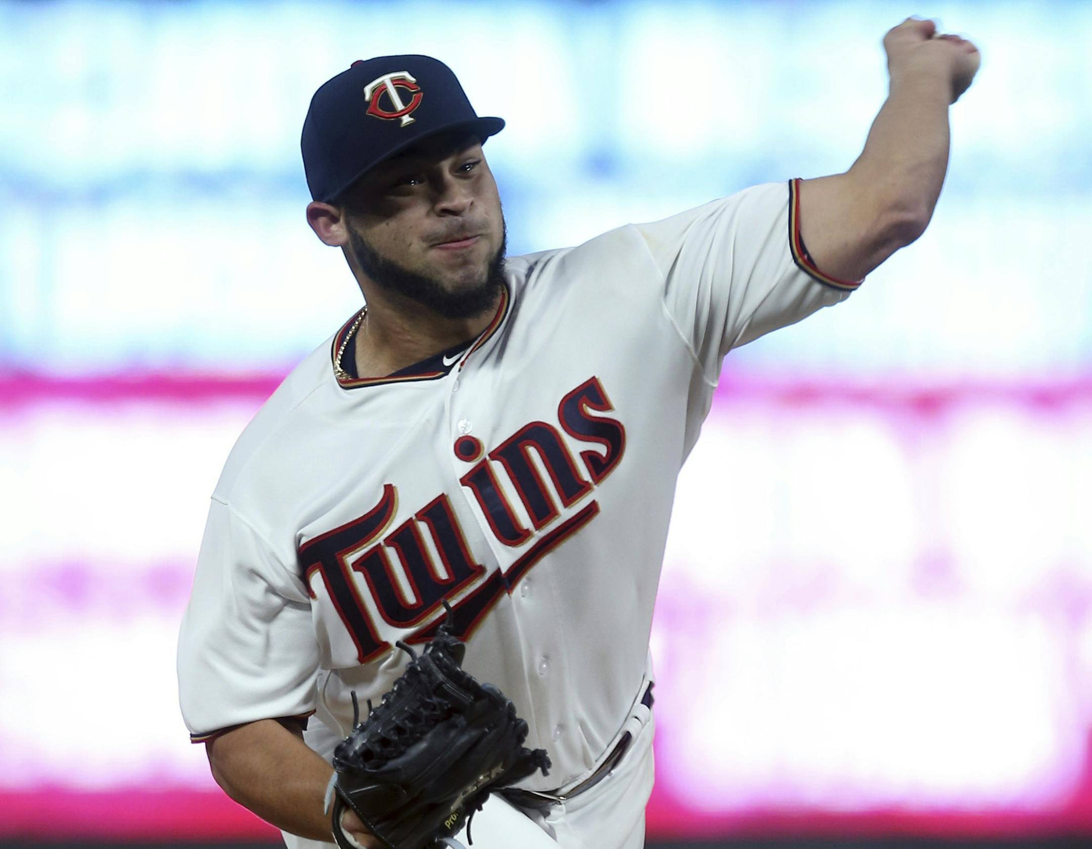 Minnesota Twins pitcher Gabriel Moya throws against the Detroit Tigers in a baseball game Wednesday, Sept. 26, 2018, in Minneapolis. (AP Photo/Jim Mone)