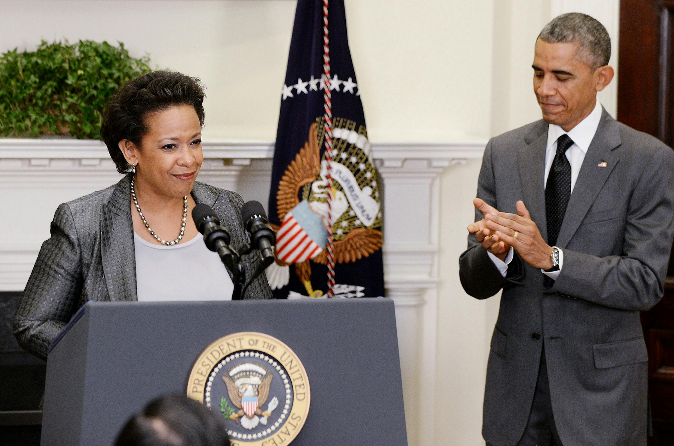 U.S. President Barack Obama nominates Loretta Lynch, the U.S. attorney in Brooklyn, to succeed Eric Holder as attorney general during an event in the Roosevelt Room on Saturday, Nov. 8, 2014, in Washington, D.C. (Olivier Douliery/Abaca Press/MCT) ORG XMIT: 1159785 ORG XMIT: MIN1411081439360164