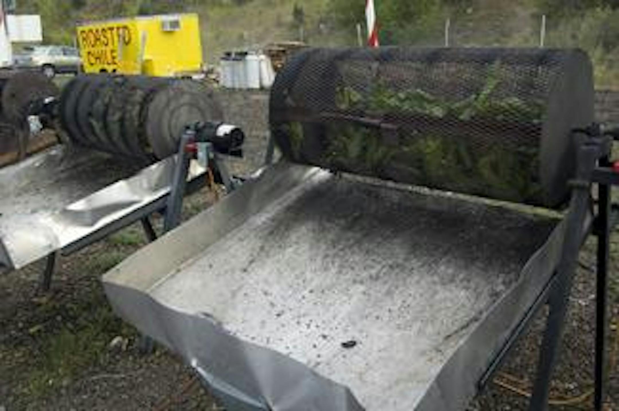 New Mexican green chiles being roasted at a roadside stand in Denver, Colorado