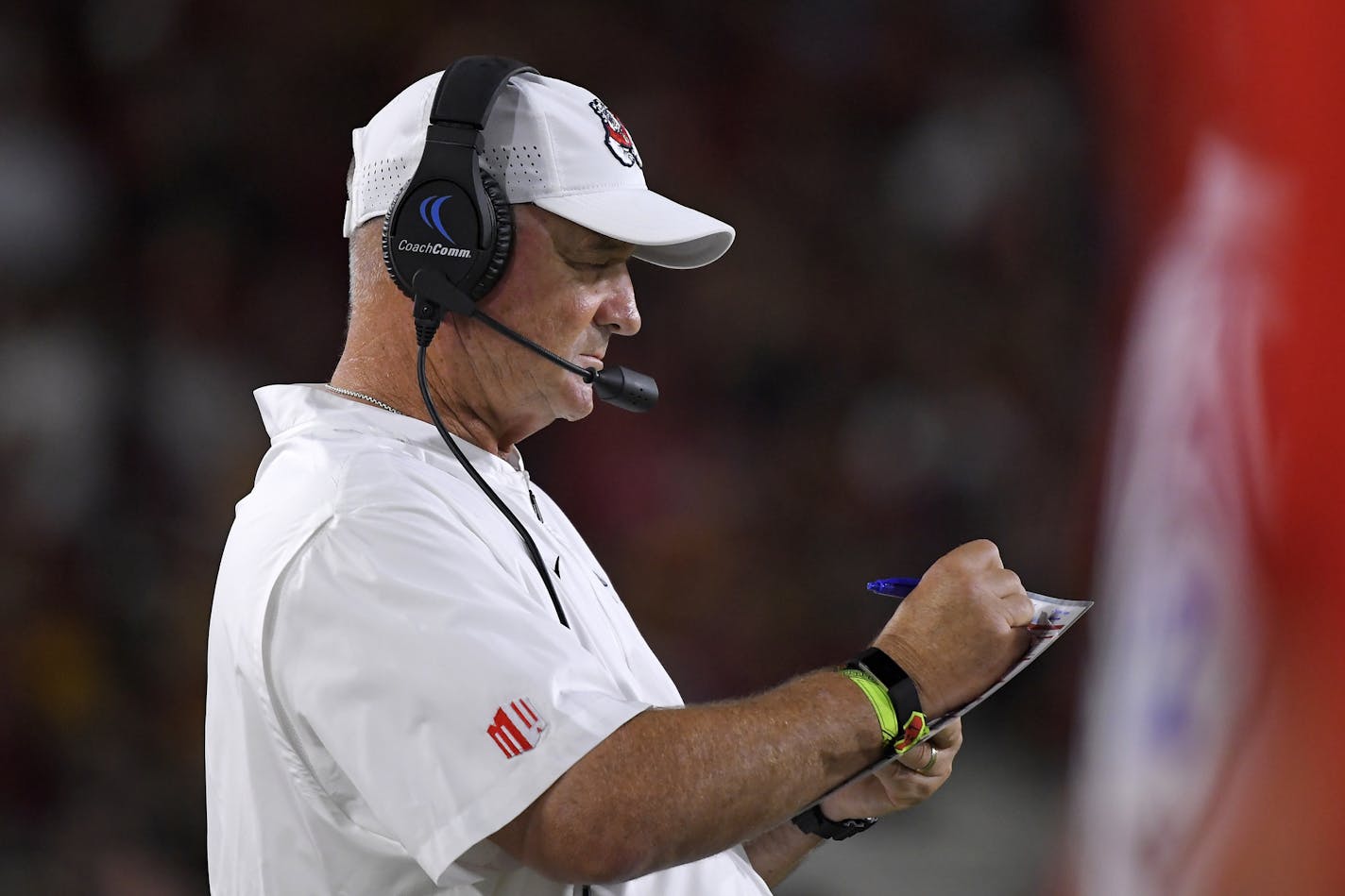 Fresno State head coach Jeff Tedford stands on the sidelines during the second half of an NCAA college football game against Southern California Saturday, Aug. 31, 2019, in Los Angeles. USC won 31-23. (AP Photo/Mark J. Terrill)